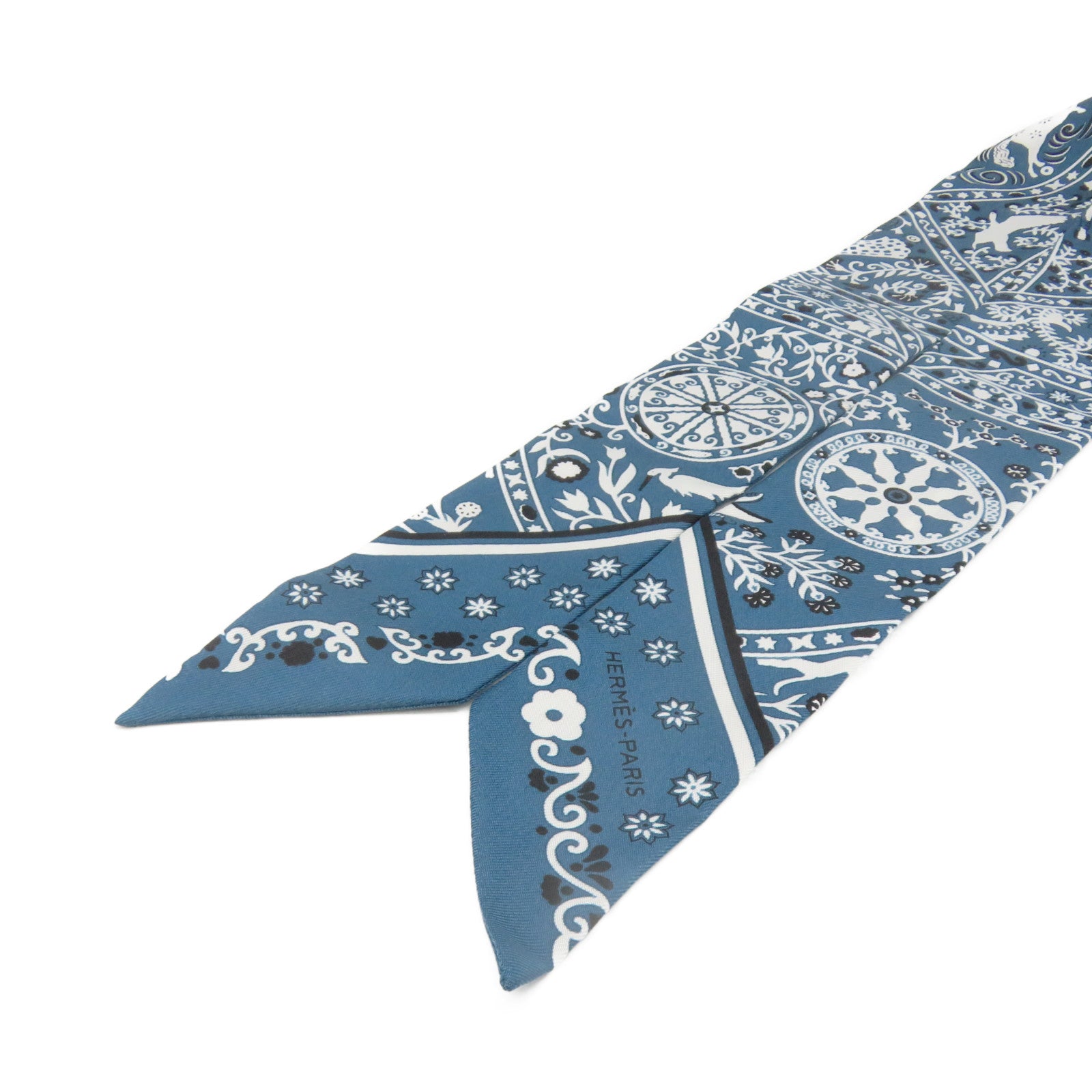 HERMES 絲質Twilly Scarf絲巾綠藍色/白色/黑色