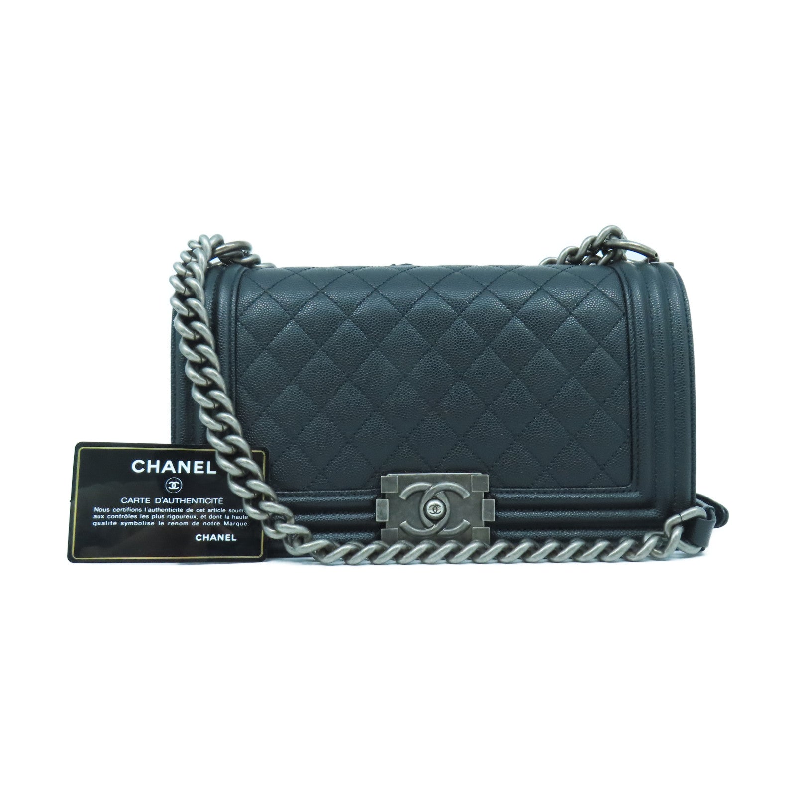 CHANEL 菱格Caviar皮革Boy Chanel 25cm銀扣鏈帶肩背袋黑色
