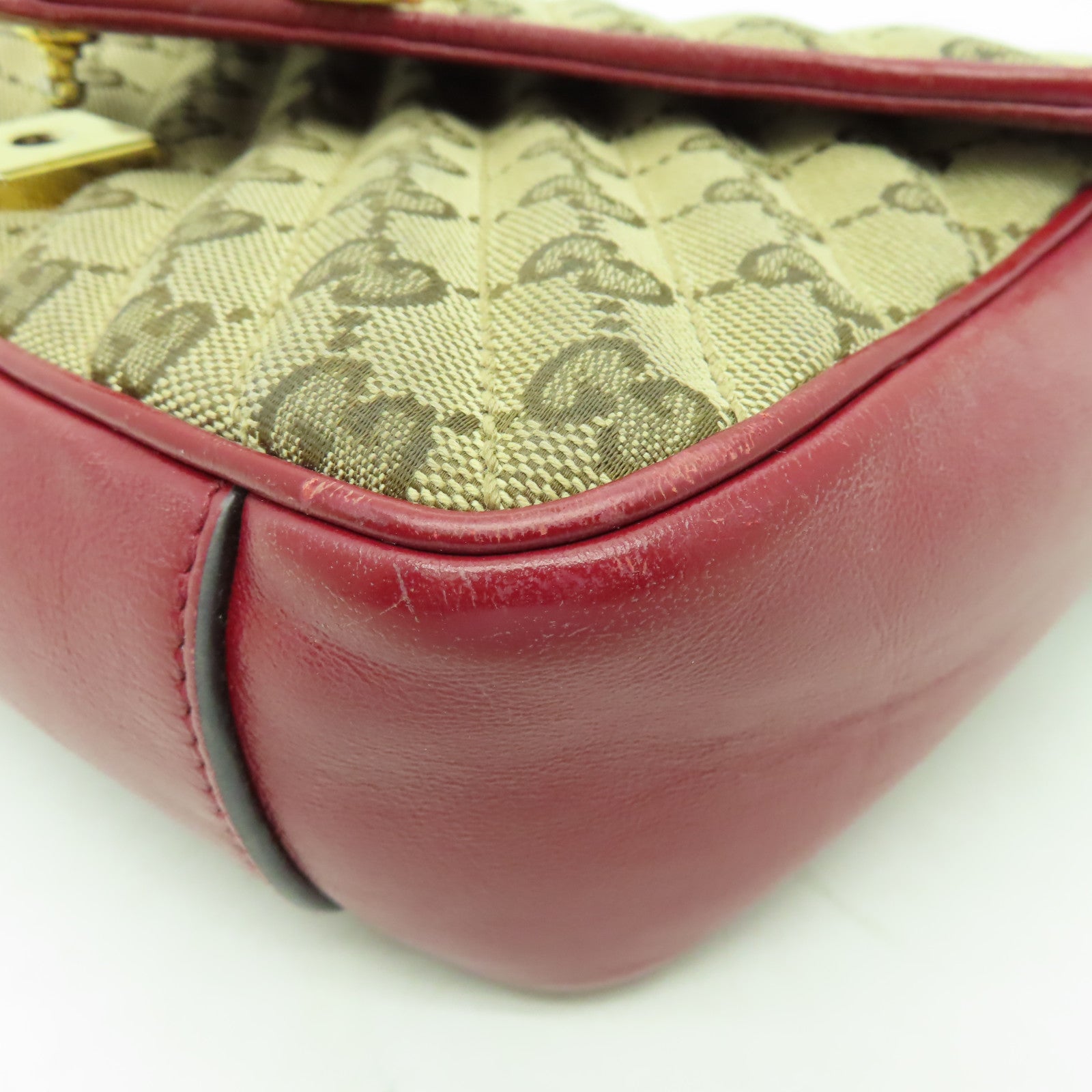 GUCCI 帆布Shoulder Bag金扣鏈帶肩背袋啡色/紅色