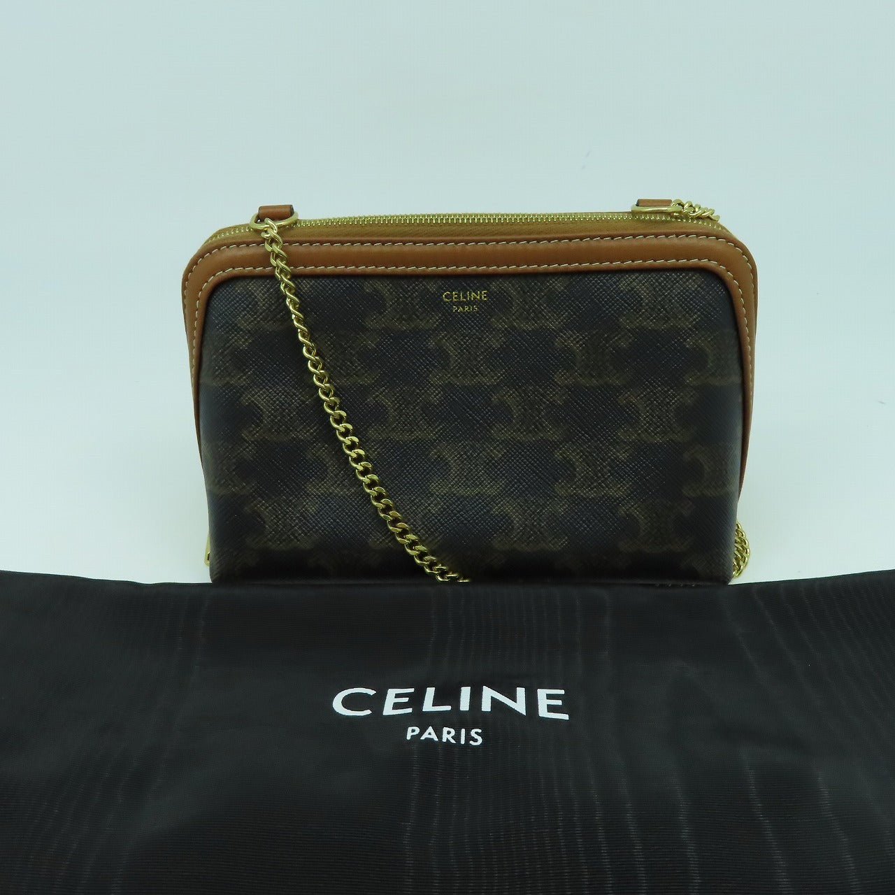 CELINE 塗層帆布Shoulder Bag金扣鏈帶肩背袋啡色