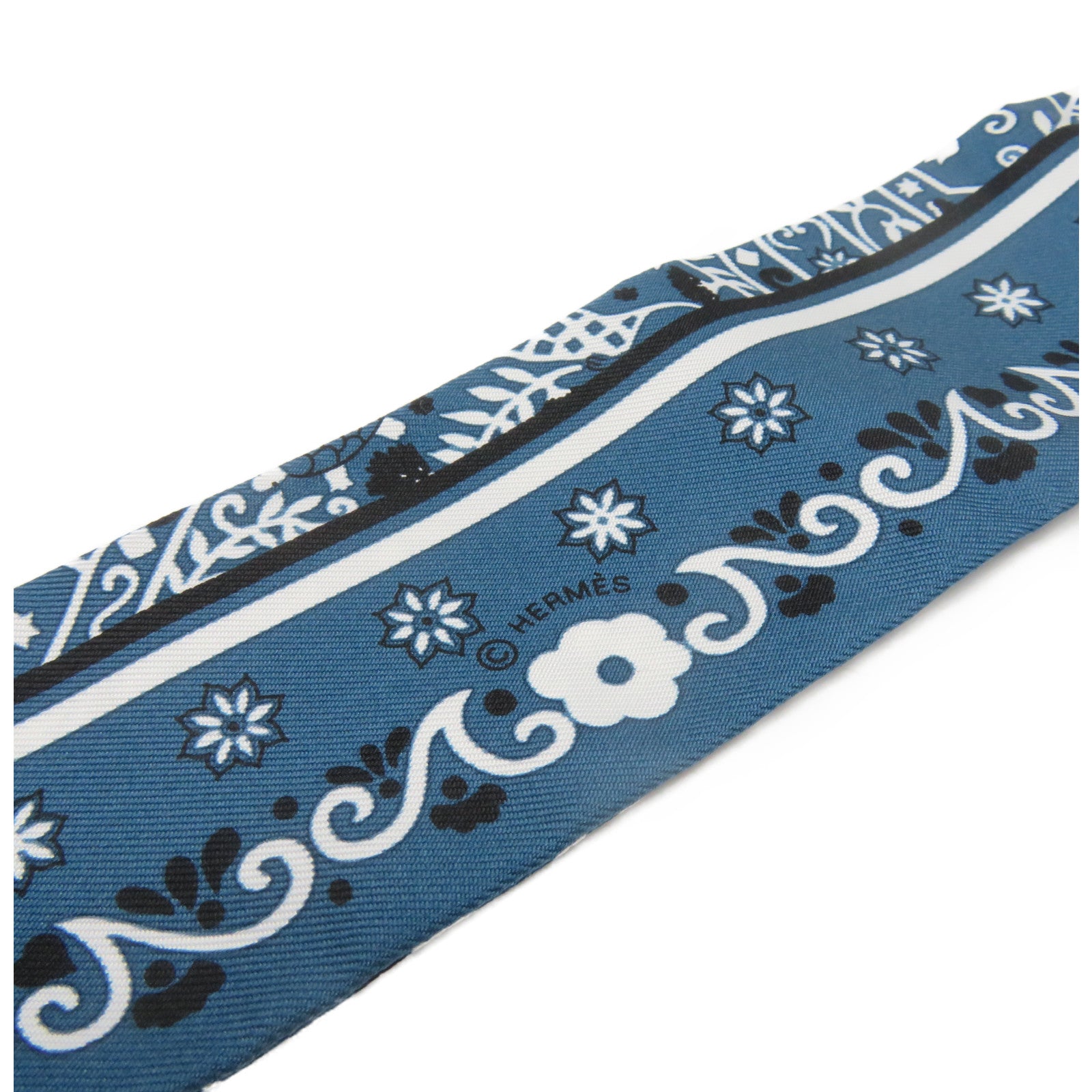 HERMES 絲質Twilly Scarf絲巾綠藍色/白色/黑色