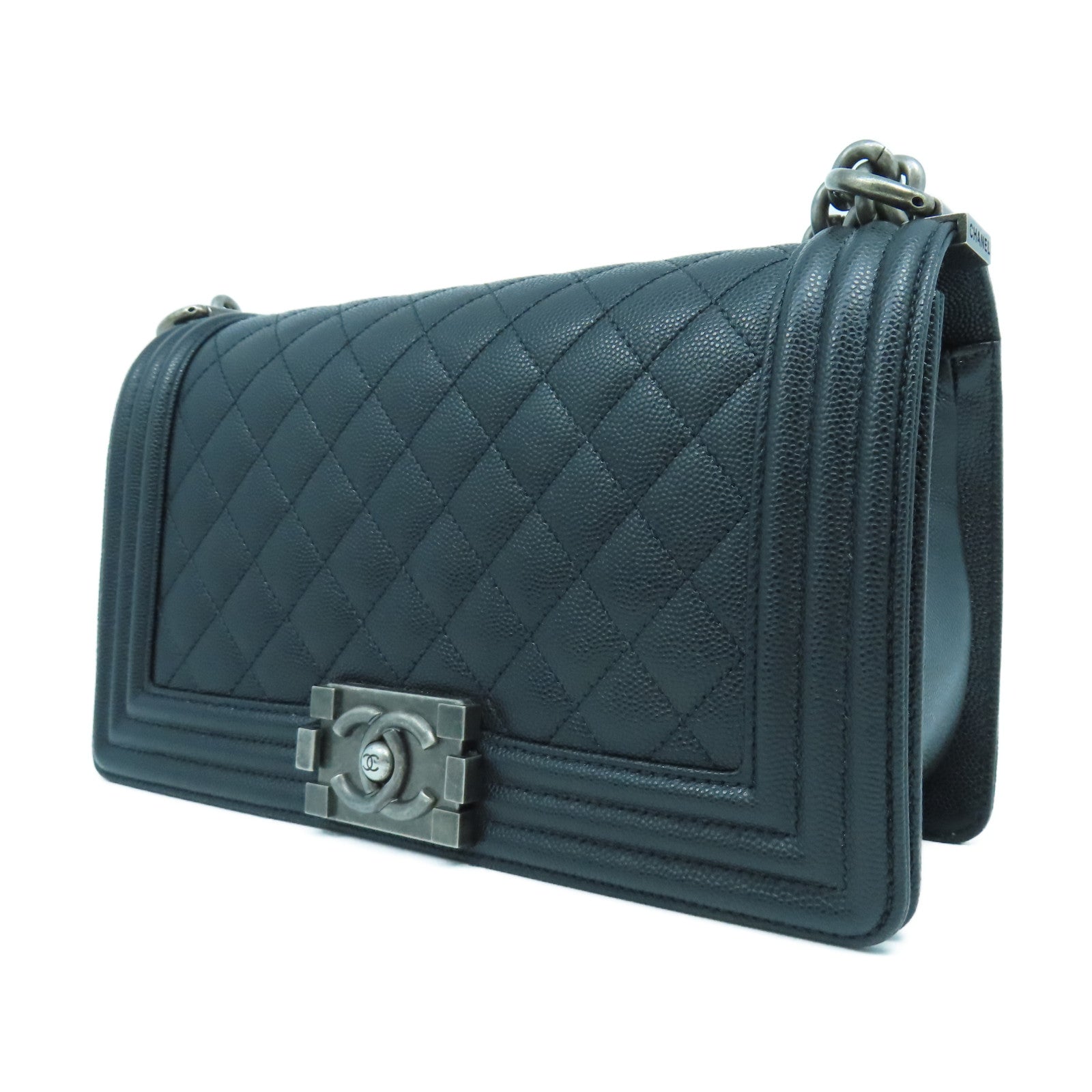 CHANEL 菱格Caviar皮革Boy Chanel 25cm銀扣鏈帶肩背袋黑色