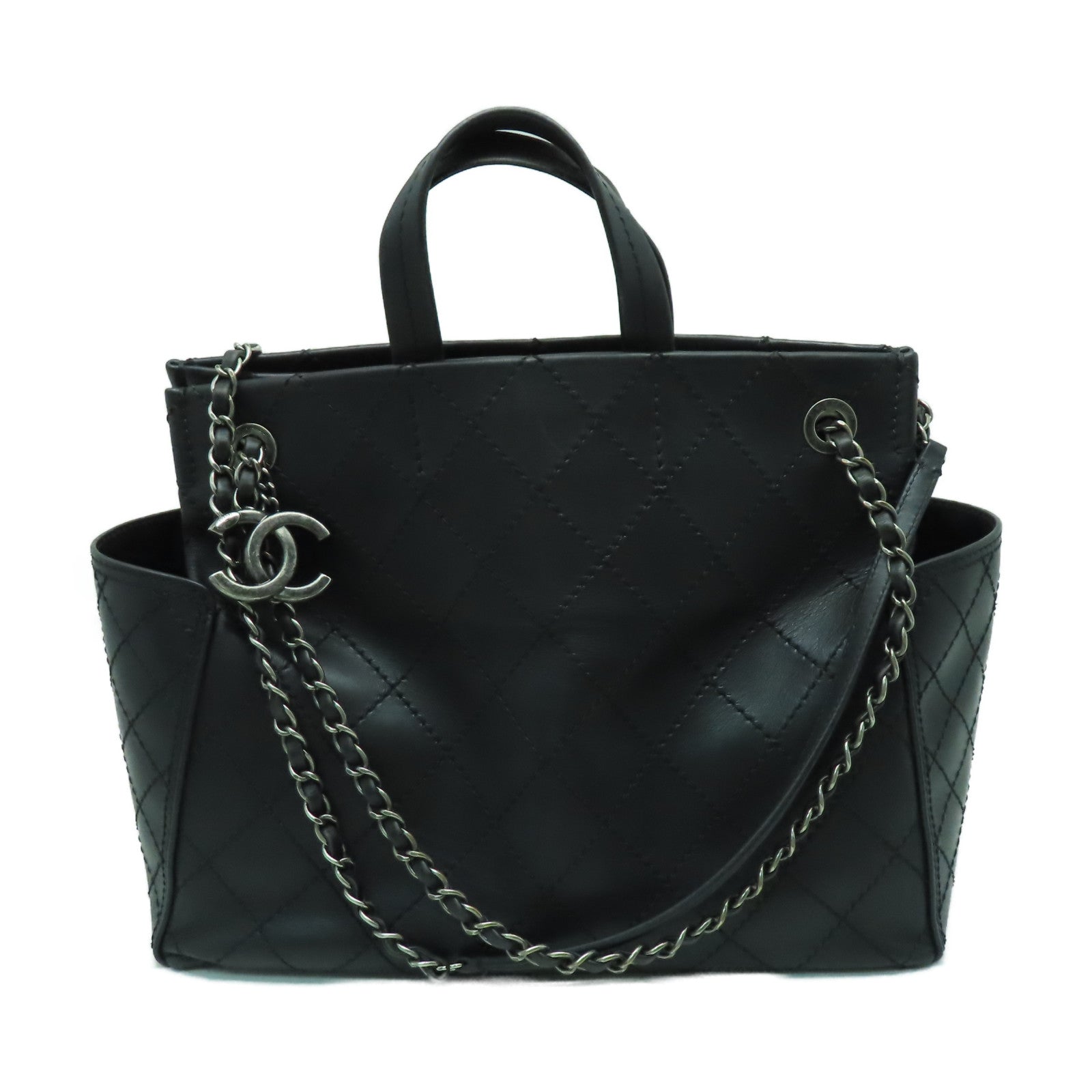 CHANEL 菱格牛皮皮革Shoulder Bag銀扣鏈帶肩背袋黑色