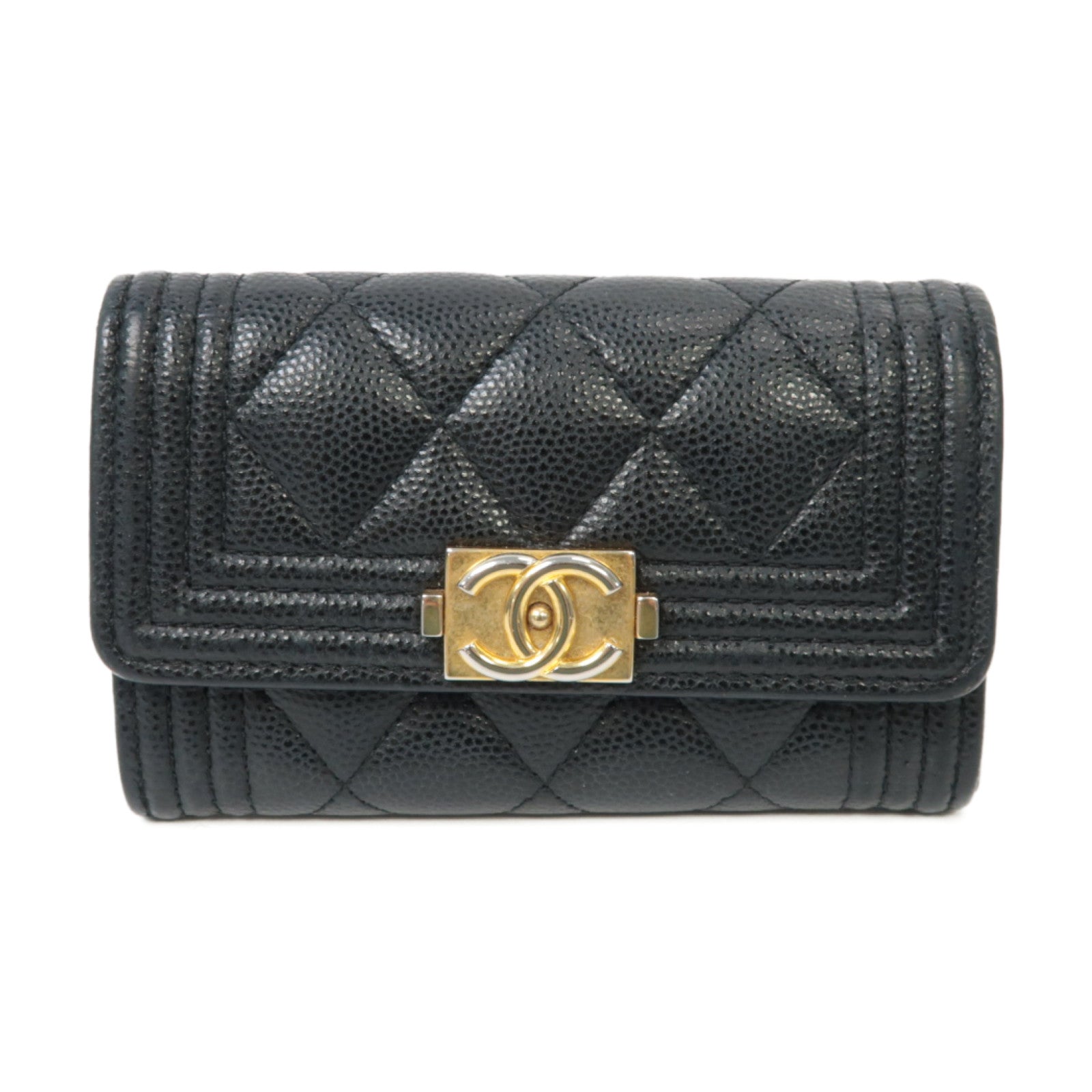 CHANEL 菱格Caviar皮革Card Case金扣卡片套黑色