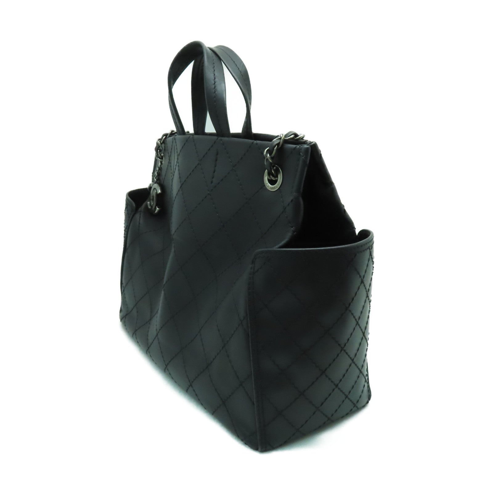 CHANEL 菱格牛皮皮革Shoulder Bag銀扣鏈帶肩背袋黑色