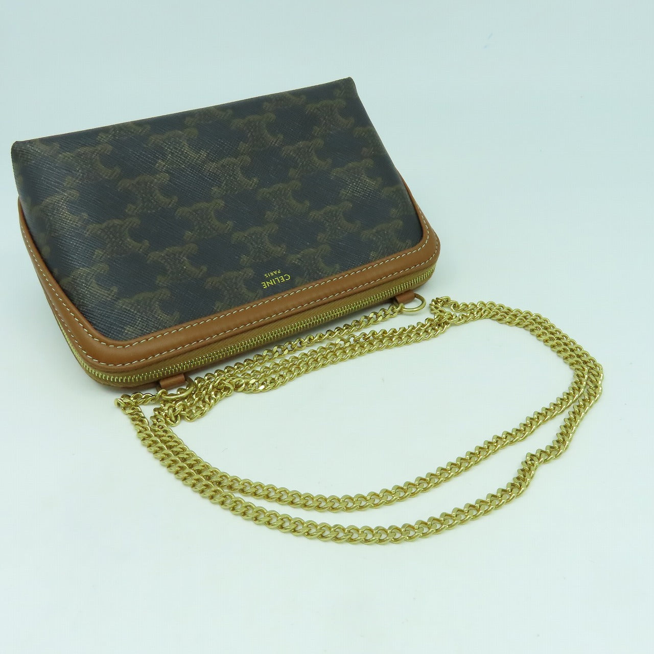 CELINE 塗層帆布Shoulder Bag金扣鏈帶肩背袋啡色