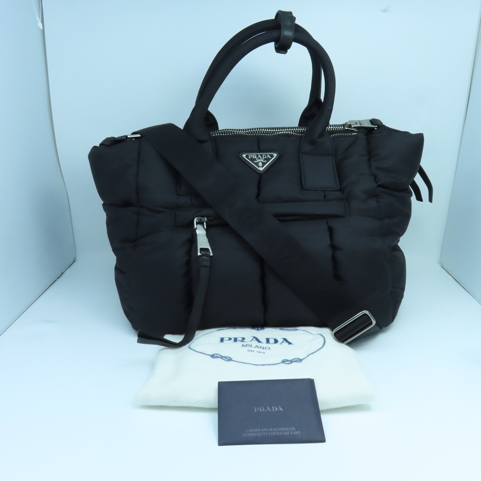PRADA 尼龍2 Way Shoulder銀扣手挽肩背兩用袋黑色