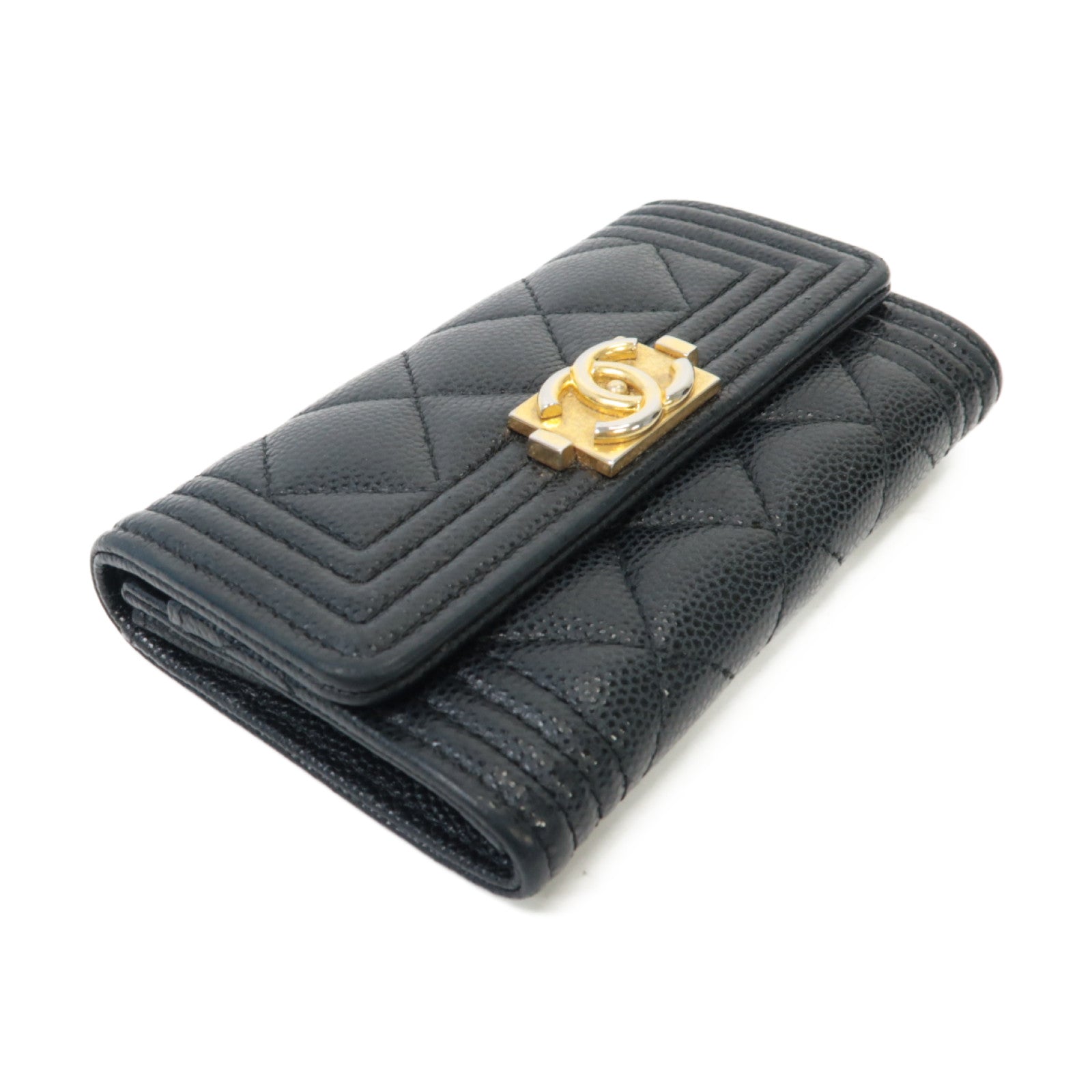 CHANEL 菱格Caviar皮革Card Case金扣卡片套黑色