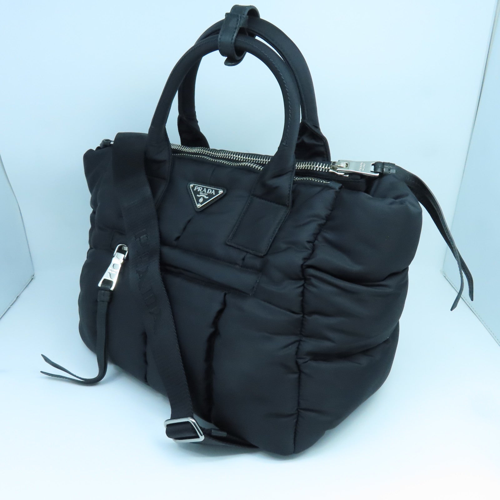 PRADA 尼龍2 Way Shoulder銀扣手挽肩背兩用袋黑色