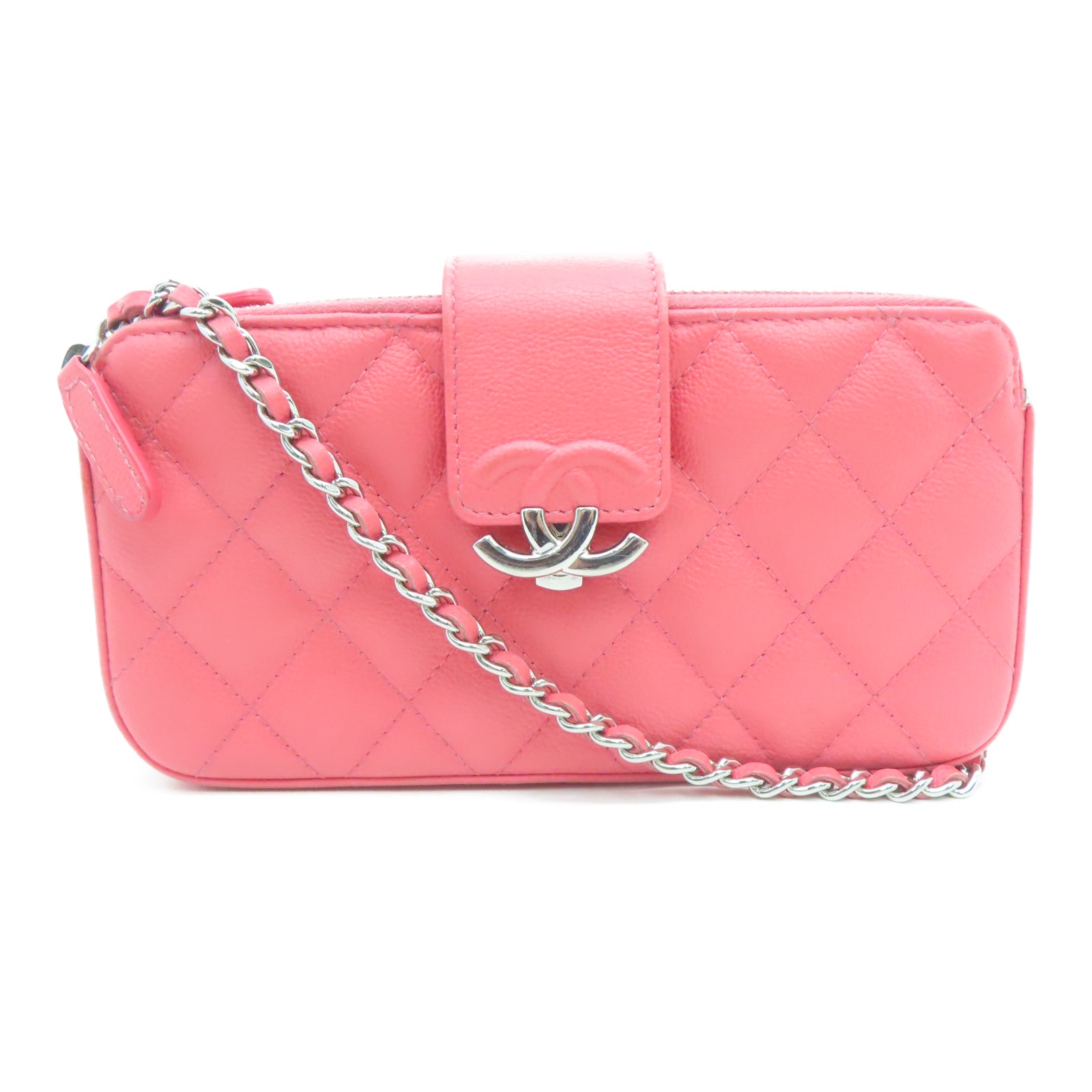 CHANEL 菱格牛皮皮革Shoulder Bag银扣链带肩带袋粉红色