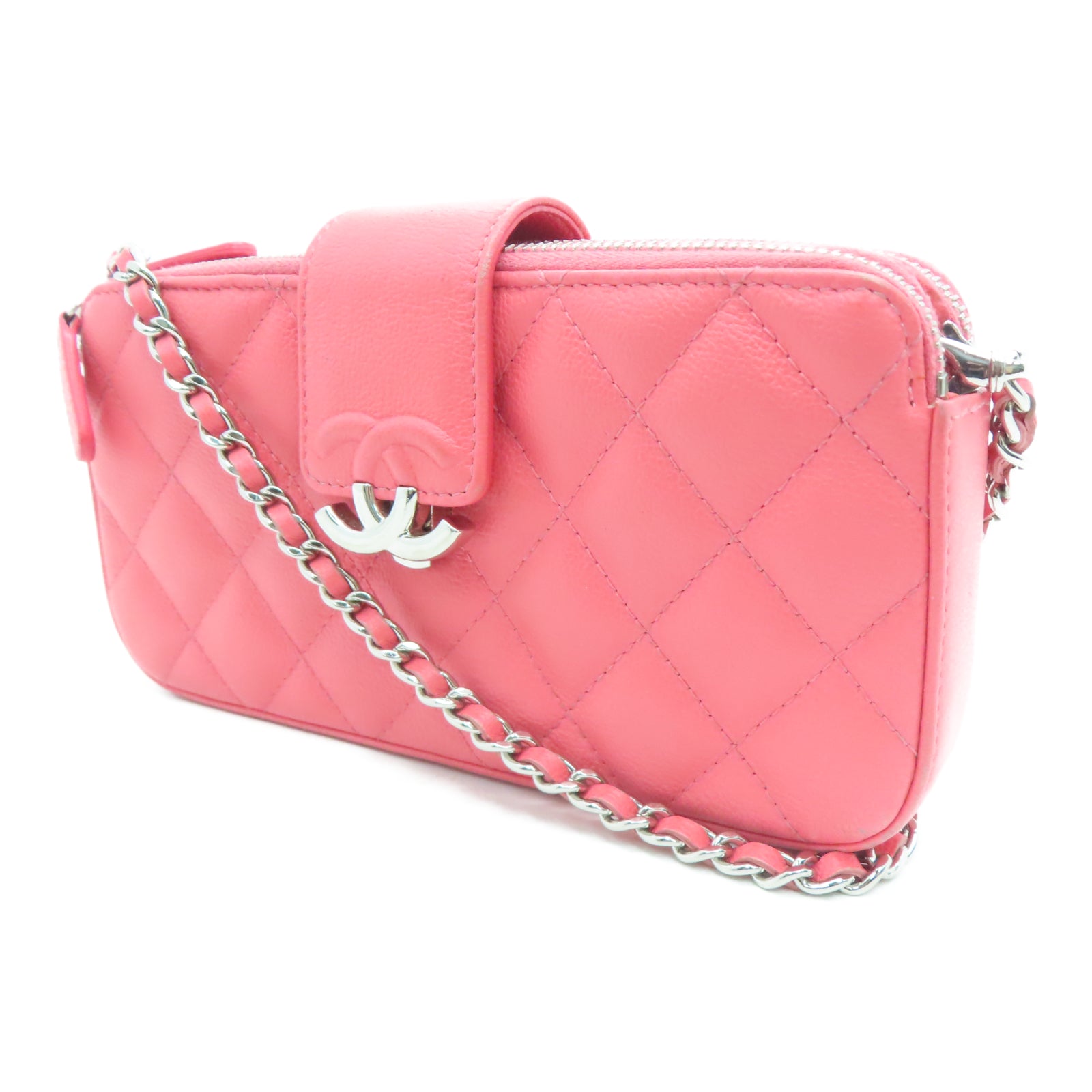 CHANEL 菱格牛皮皮革Shoulder Bag银扣链带肩带袋粉红色