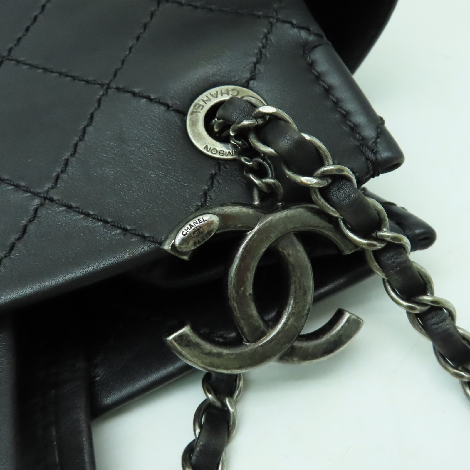 CHANEL 菱格牛皮皮革Shoulder Bag銀扣鏈帶肩背袋黑色