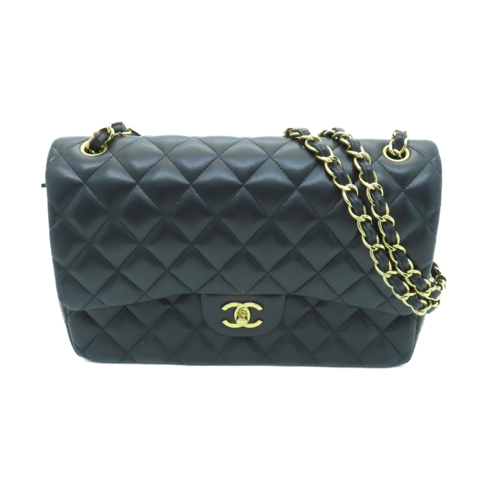 CHANEL 菱格羊皮皮革Classic Chain Shoulder金扣鏈帶肩背袋黑色