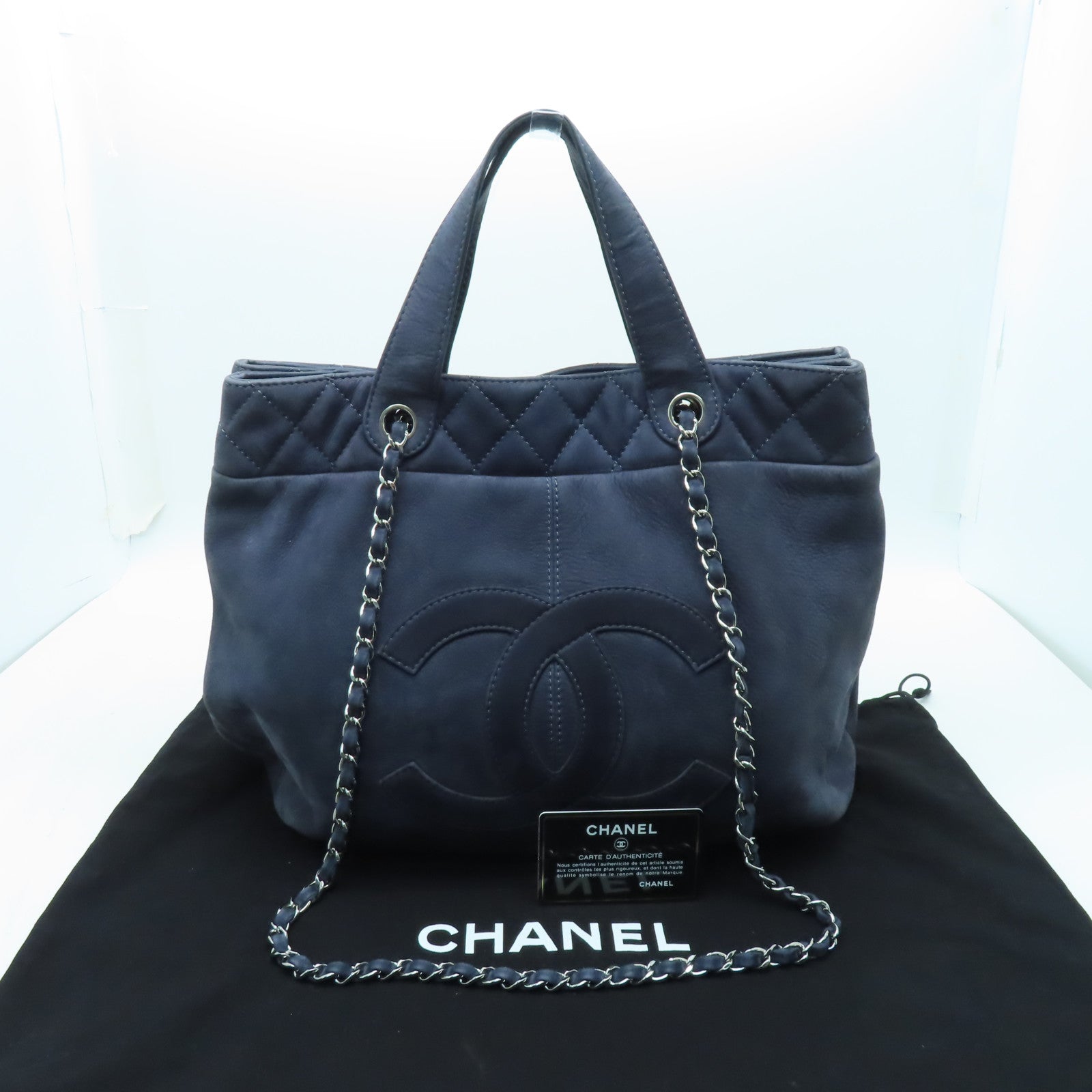 CHANEL 麂皮皮革2 Way Chain Shoulder銀扣手挽肩背兩用袋深藍色