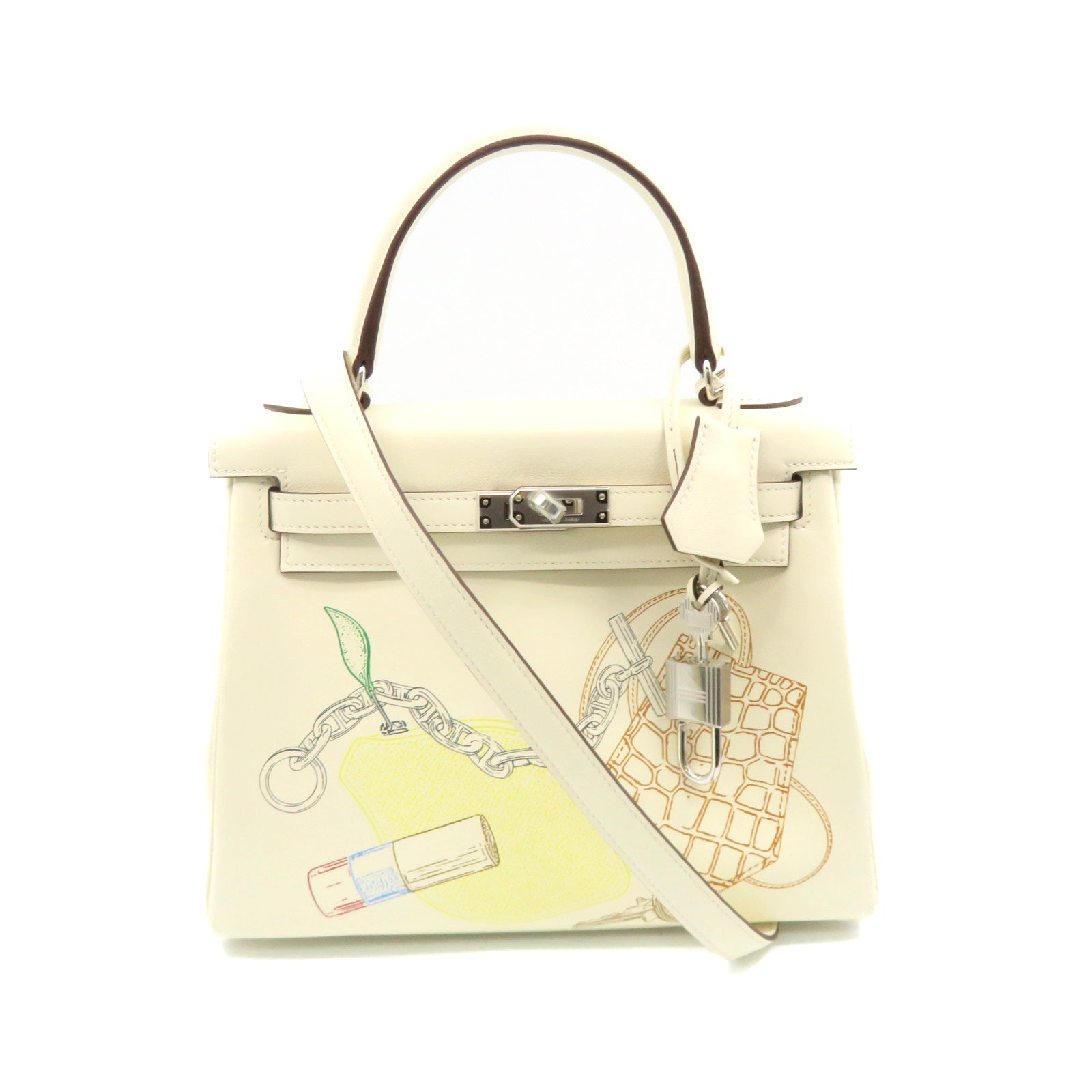 HERMES [Sharp Discount] Swift Leather Silver Buckle Kelly 25 in&amp;out Limited 2Way Shoulder Handle Shoulder Bag Off-White