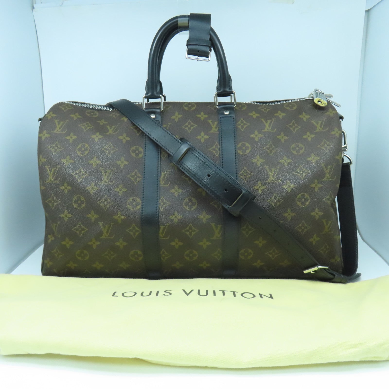 LOUIS VUITTON Monogram Macassar Keepall 45銀扣手挽肩背兩用袋黑色/啡色
