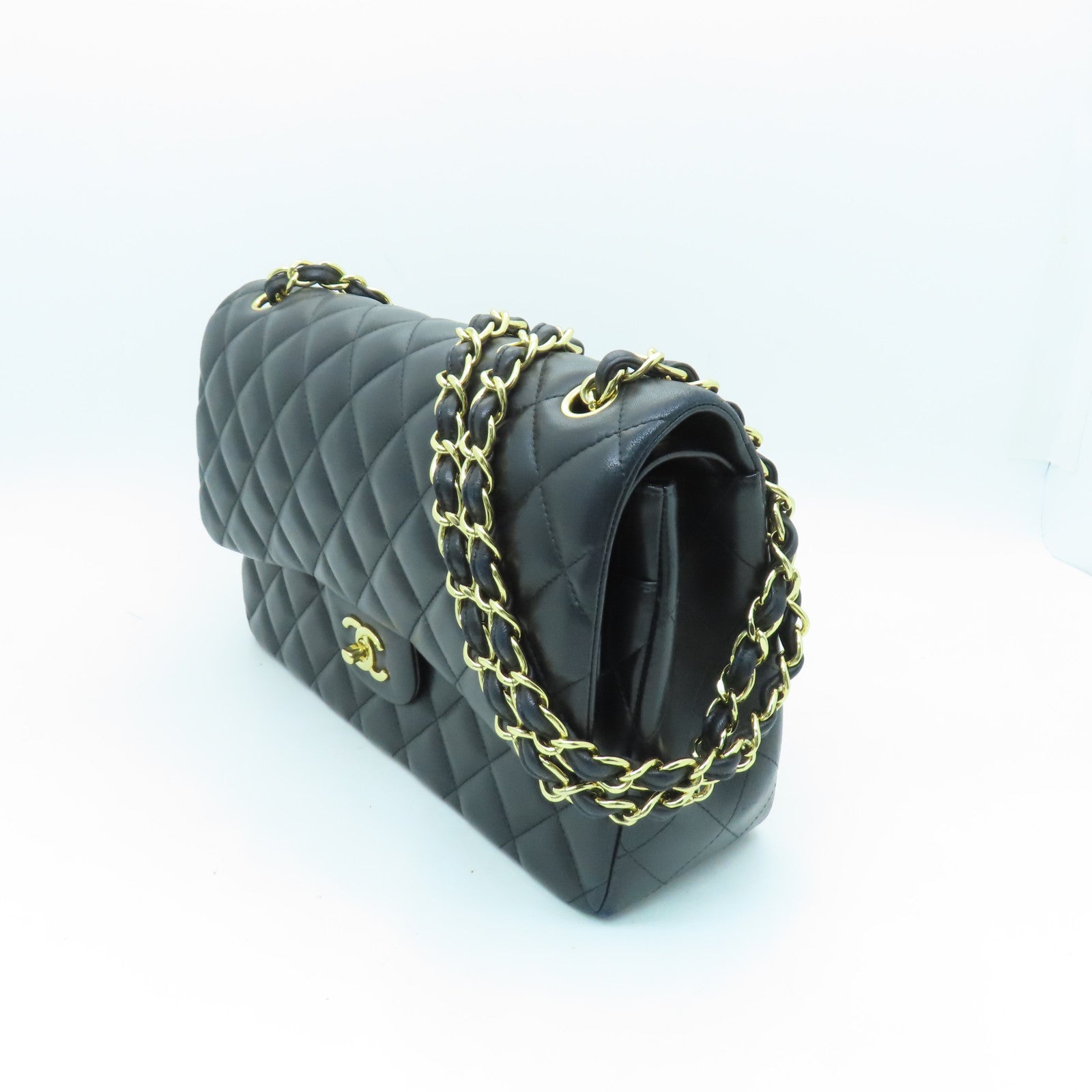 CHANEL 菱格羊皮皮革Classic Chain Shoulder金扣鏈帶肩背袋黑色