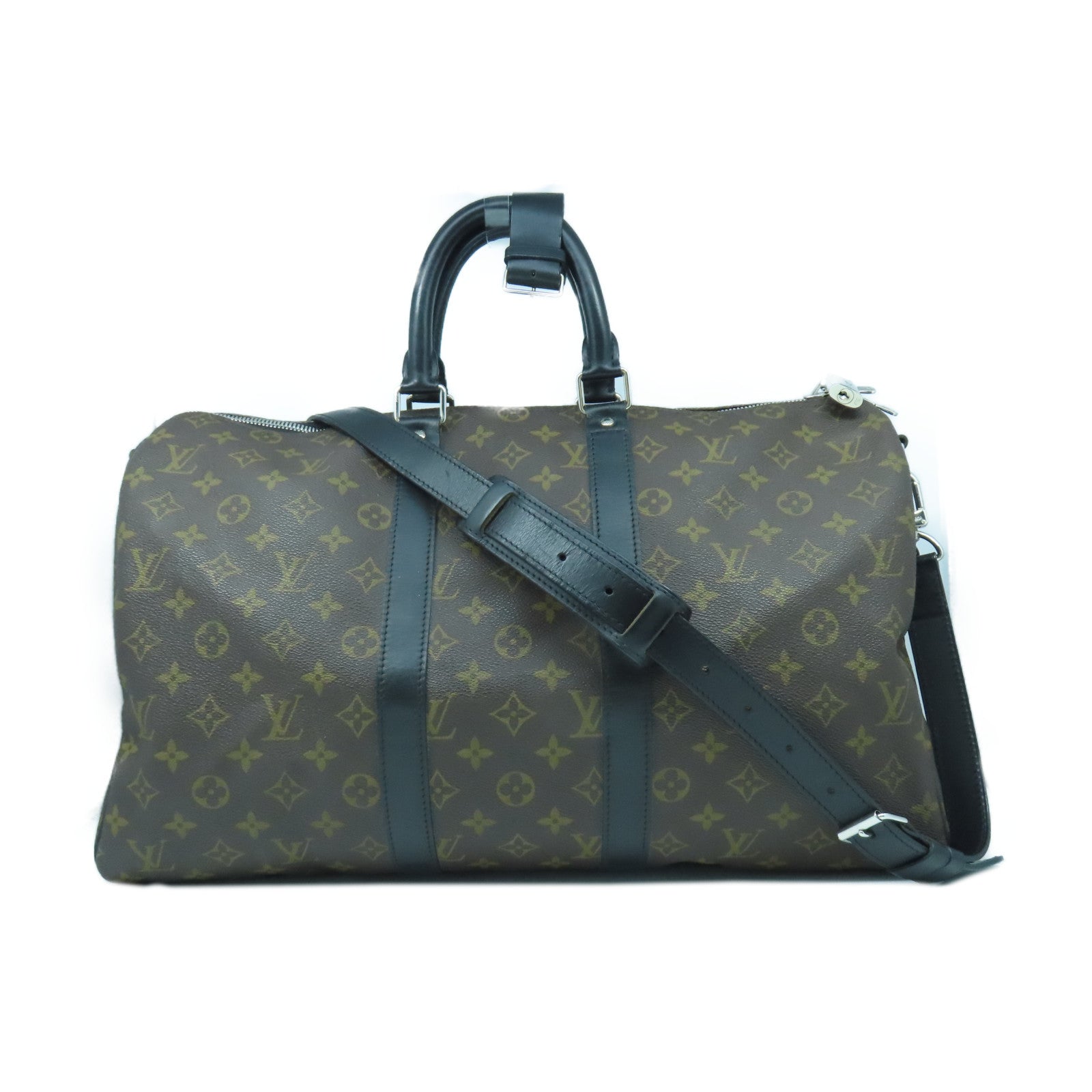 LOUIS VUITTON Monogram Macassar Keepall 45銀扣手挽肩背兩用袋黑色/啡色