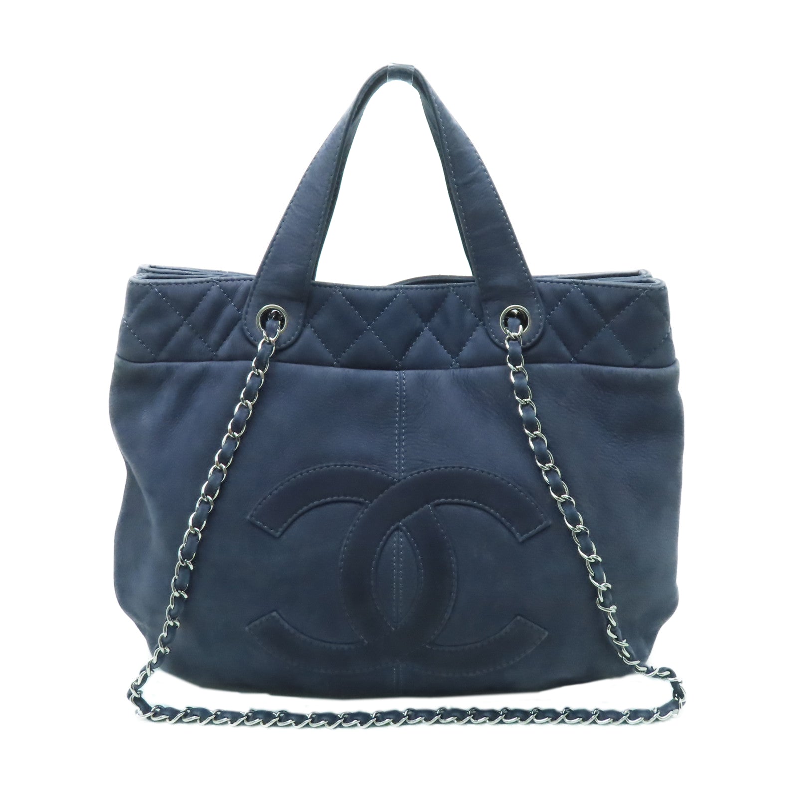 CHANEL 麂皮皮革2 Way Chain Shoulder銀扣手挽肩背兩用袋深藍色