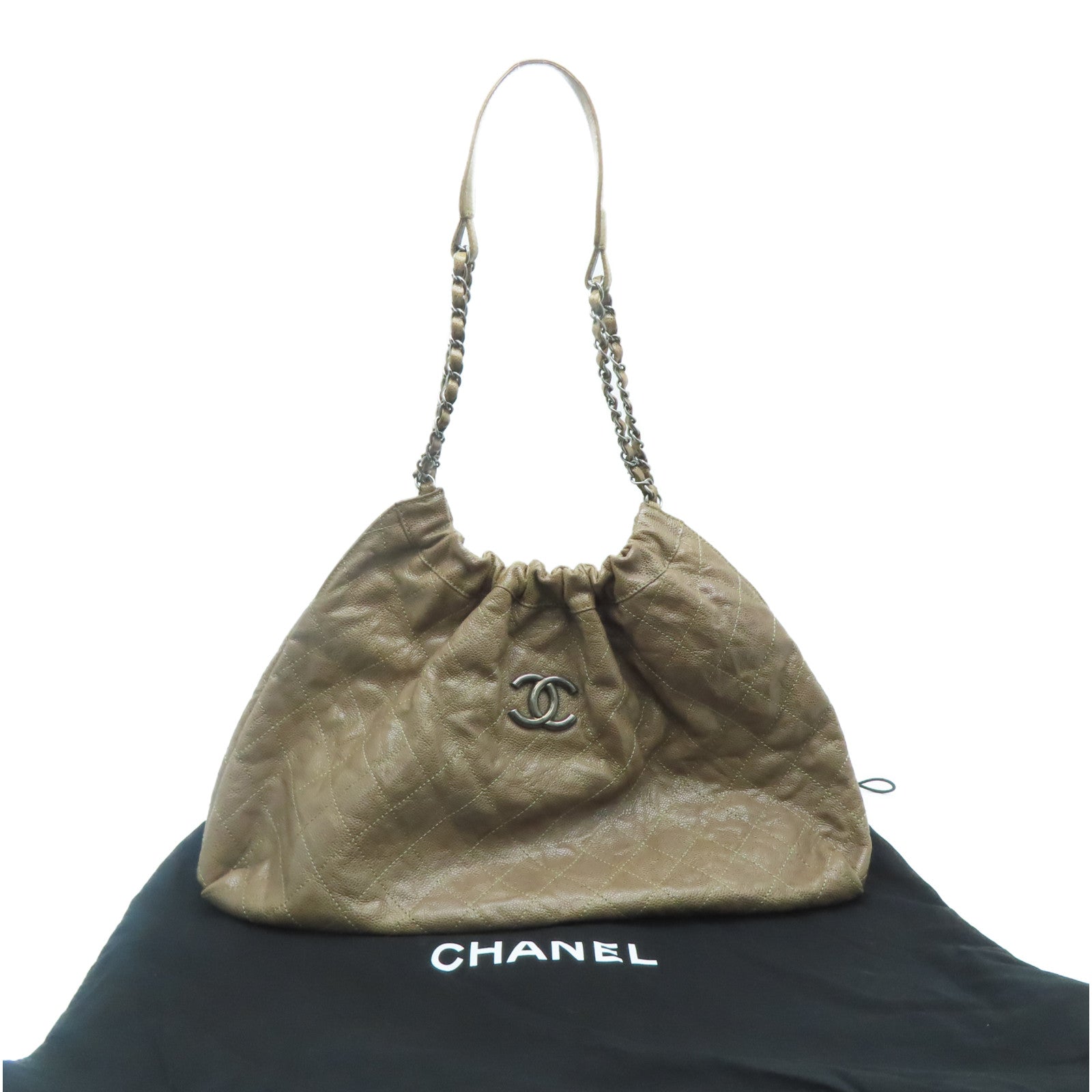 CHANEL 菱格牛皮皮革Totebag银扣手挽袋啡色