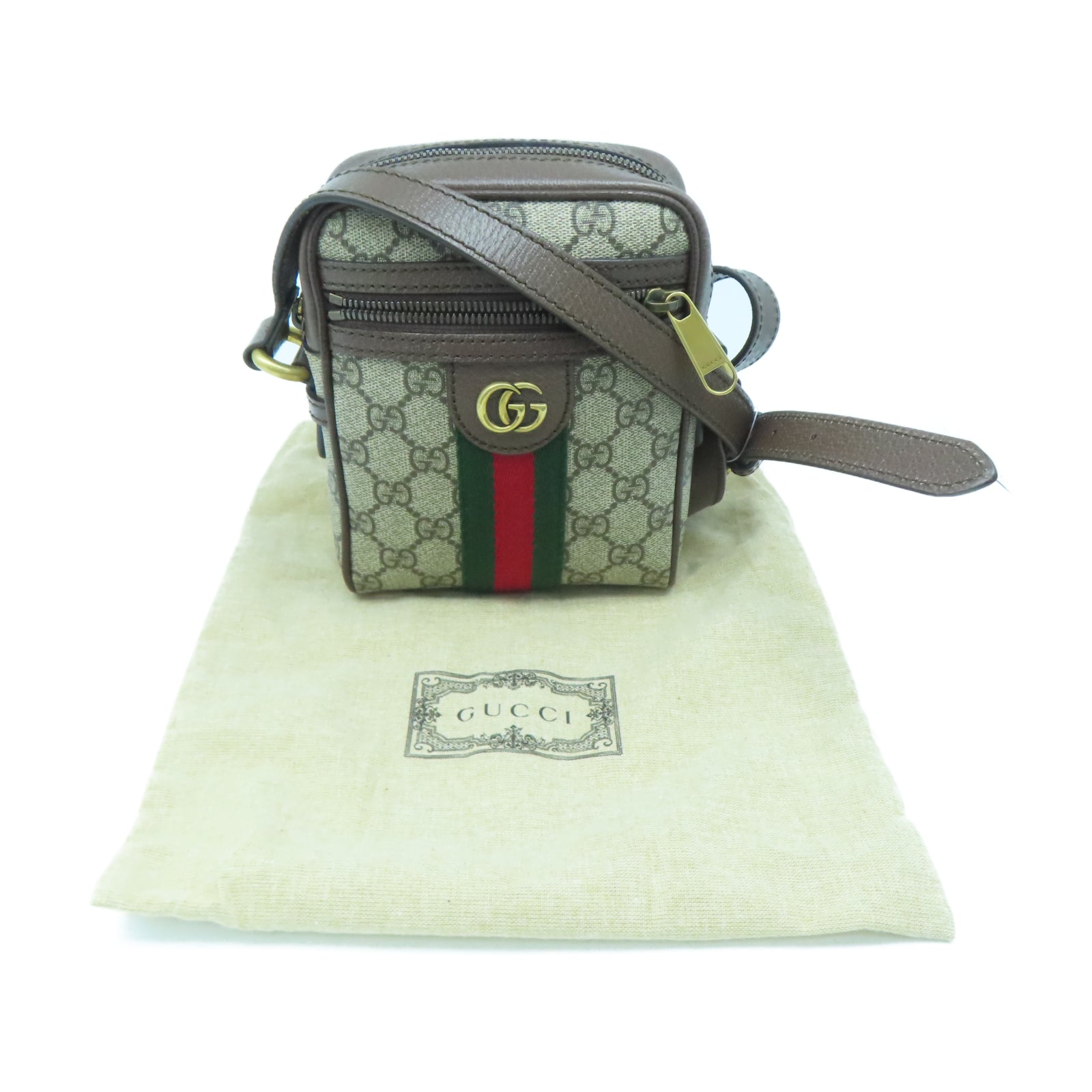 GUCCI 塗層帆布Shoulder Bag金扣肩背袋棕色