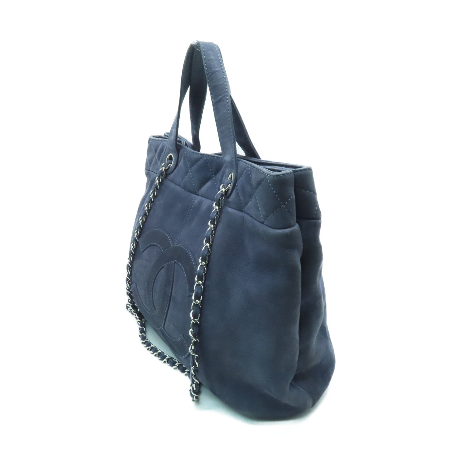 CHANEL 麂皮皮革2 Way Chain Shoulder銀扣手挽肩背兩用袋深藍色
