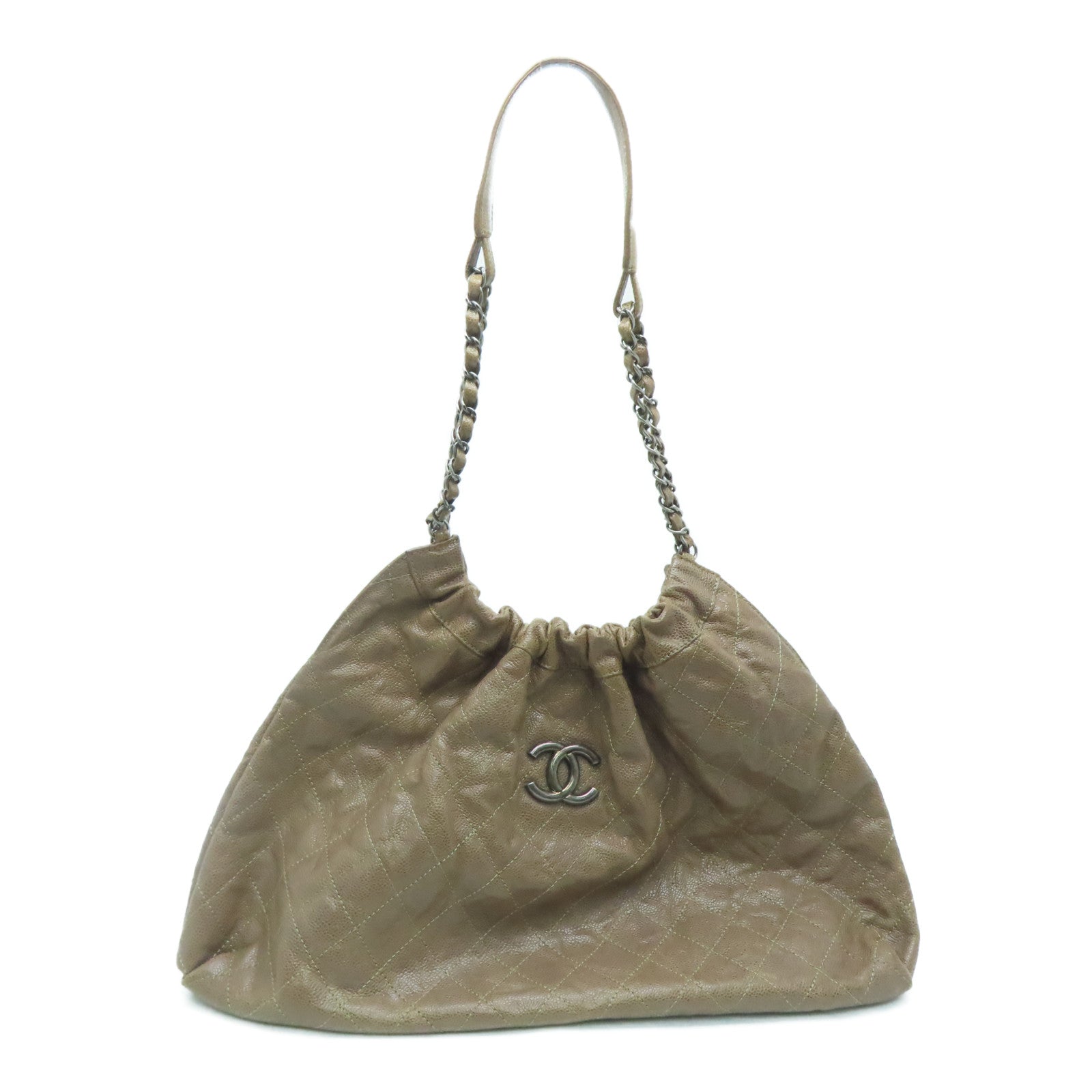 CHANEL 菱格牛皮皮革Totebag银扣手挽袋啡色
