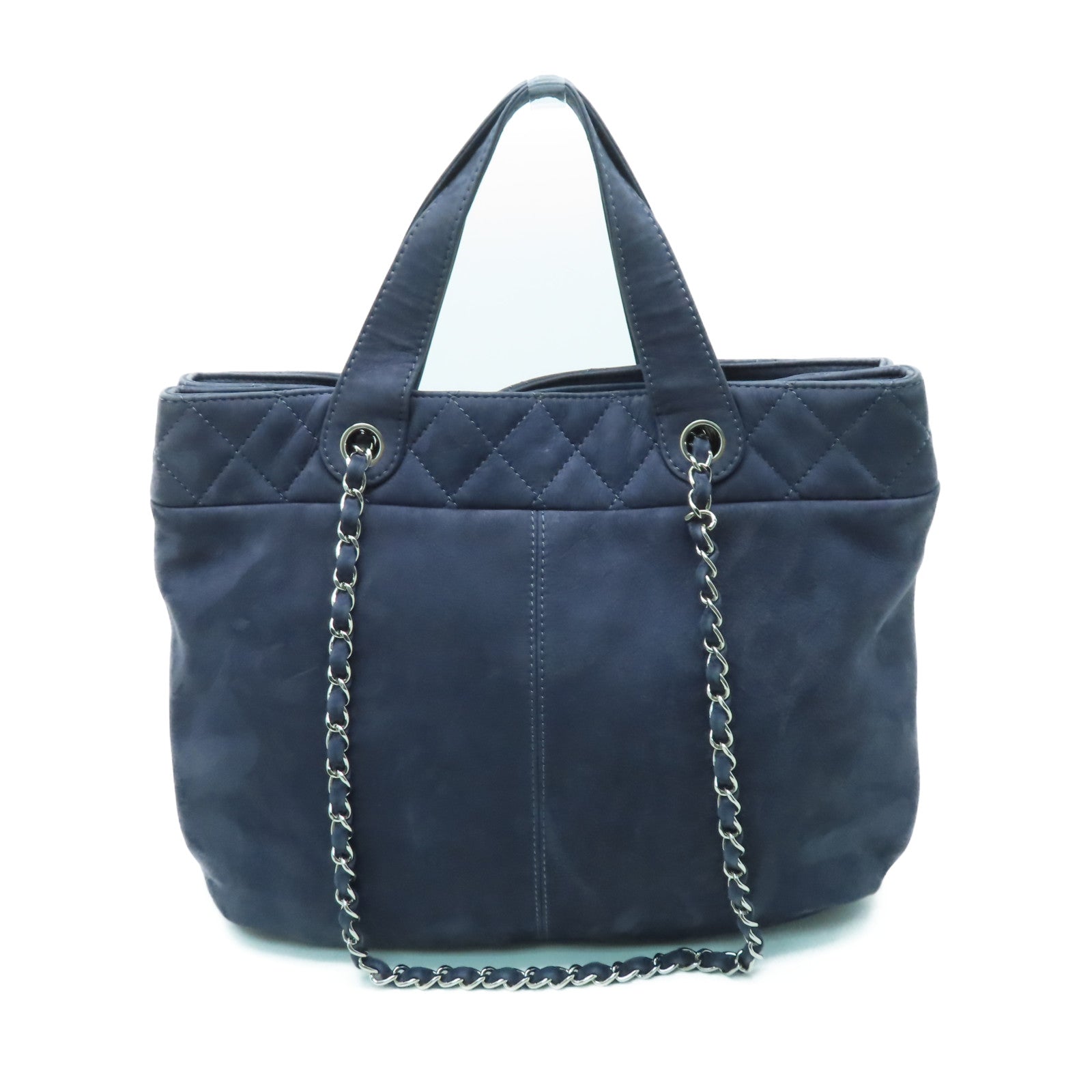 CHANEL 麂皮皮革2 Way Chain Shoulder銀扣手挽肩背兩用袋深藍色