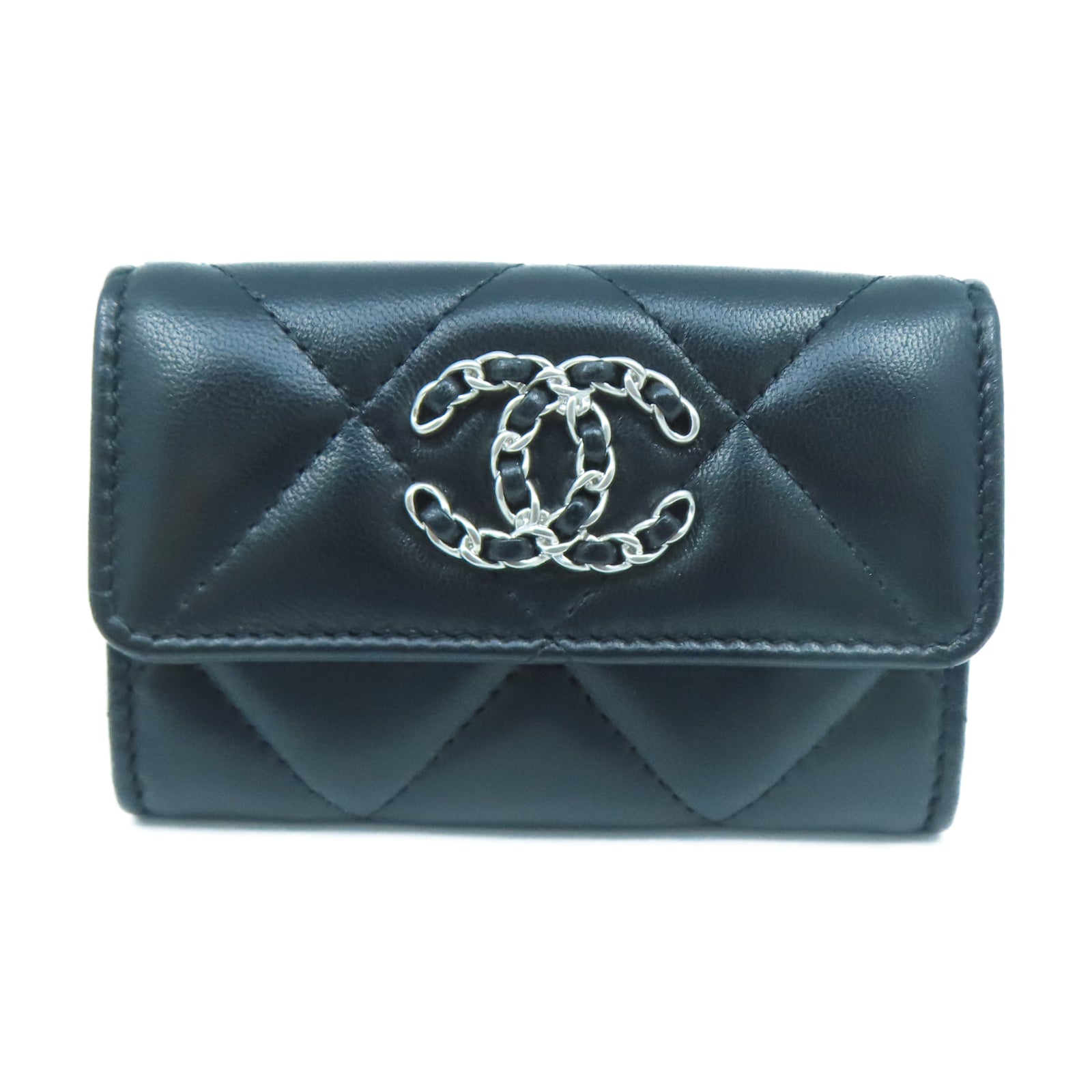 CHANEL 菱格羊皮皮革19 Card Case銀扣卡片包黑色