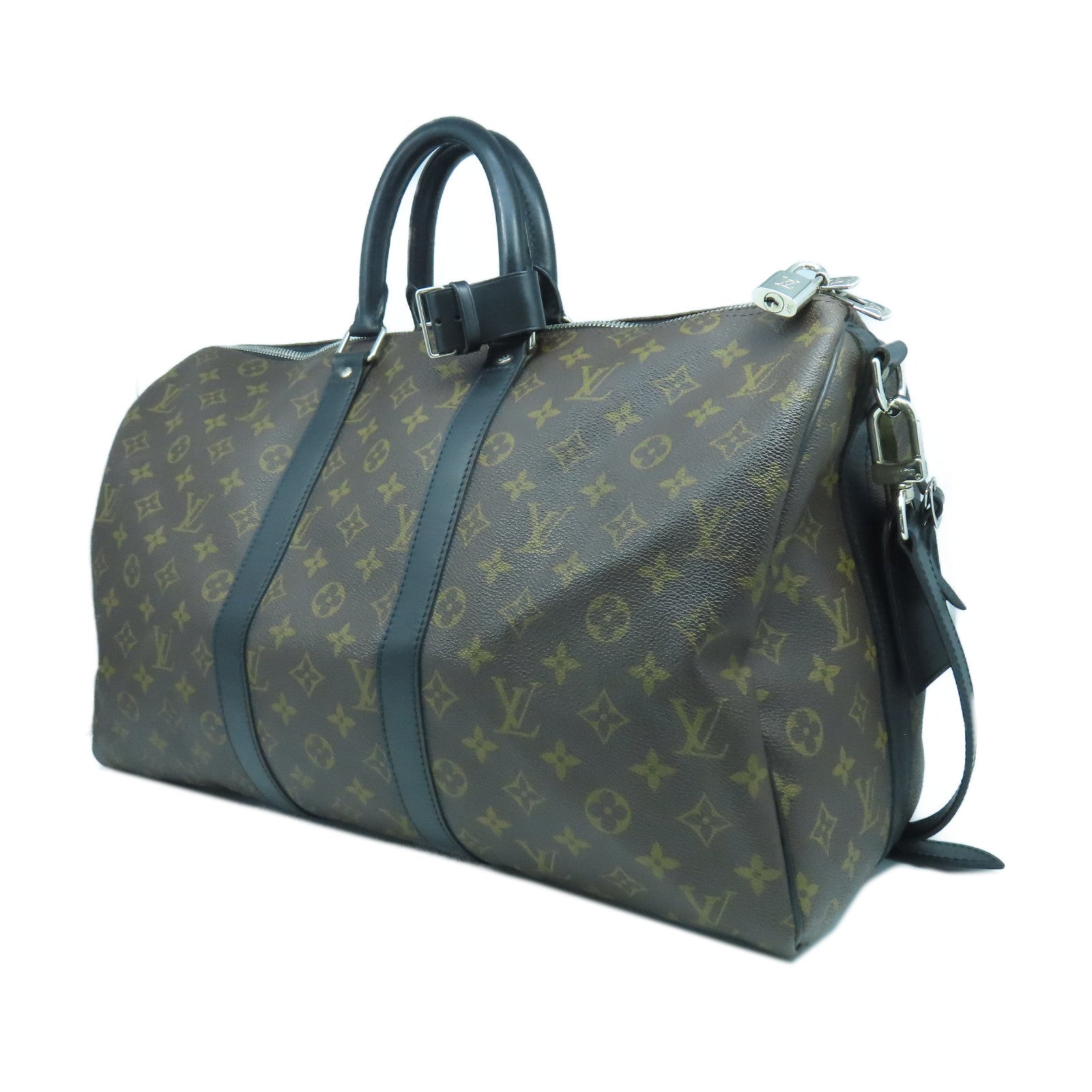 LOUIS VUITTON Monogram Macassar Keepall 45銀扣手挽肩背兩用袋黑色/啡色