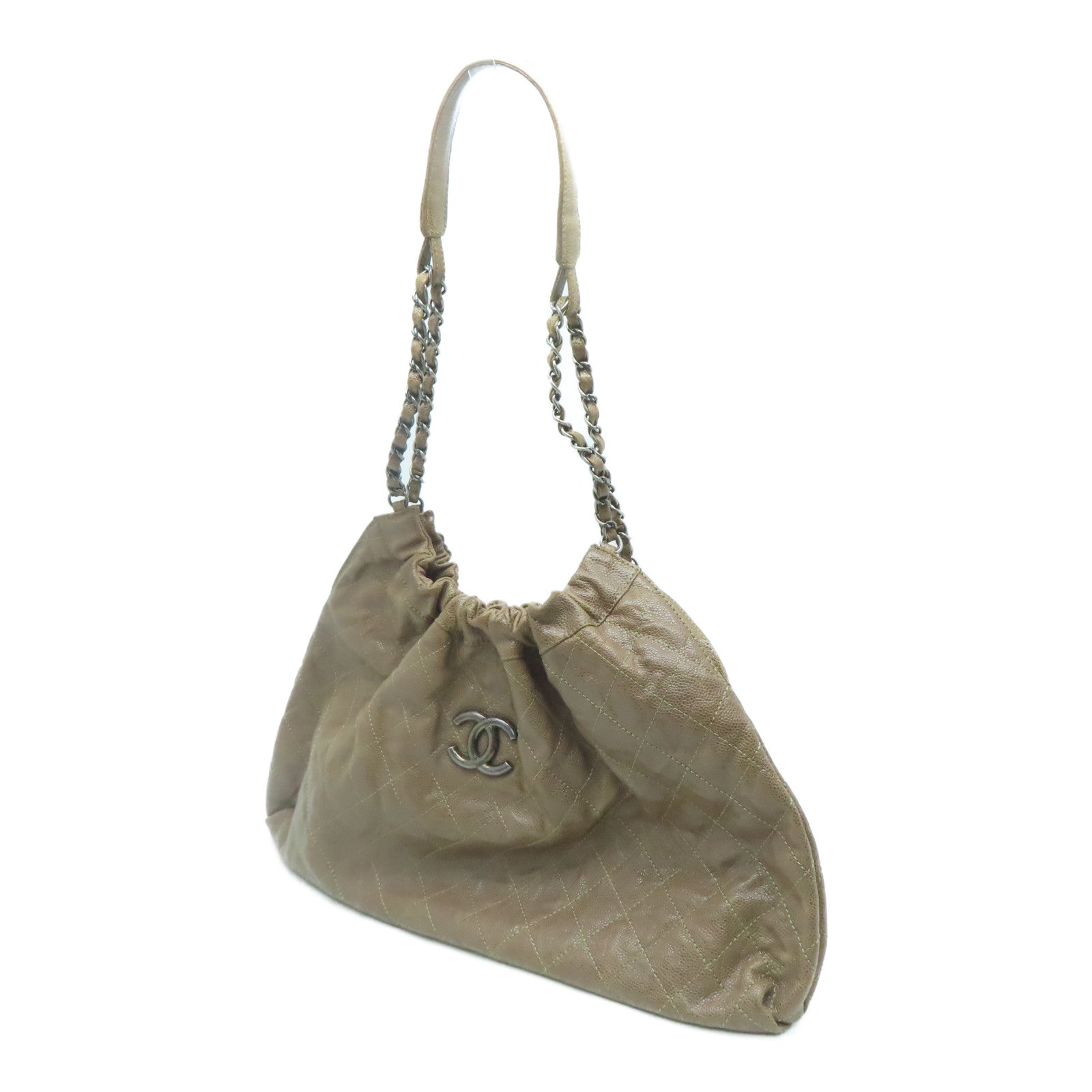 CHANEL 菱格牛皮皮革Totebag银扣手挽袋啡色