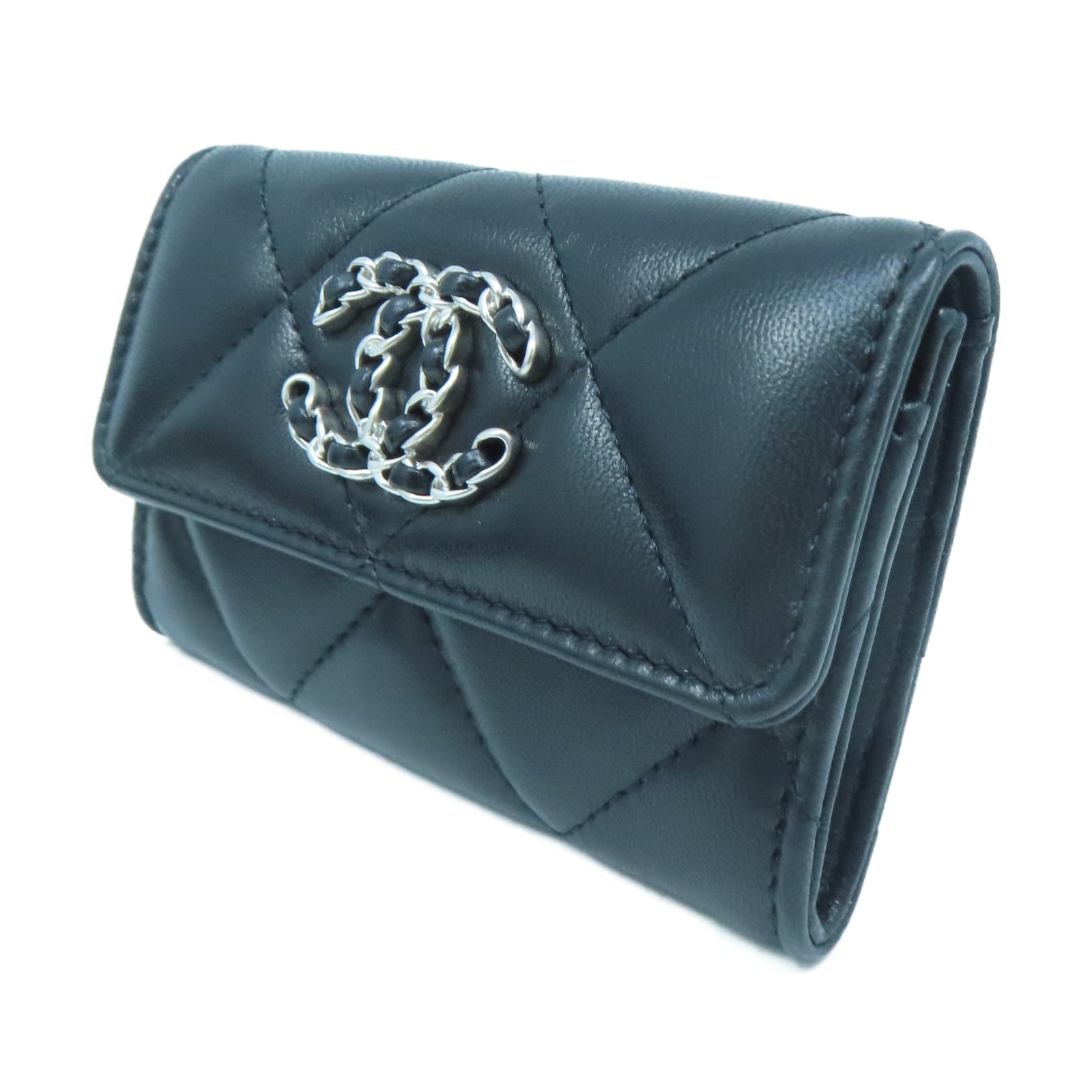 CHANEL 菱格羊皮皮革19 Card Case銀扣卡片包黑色