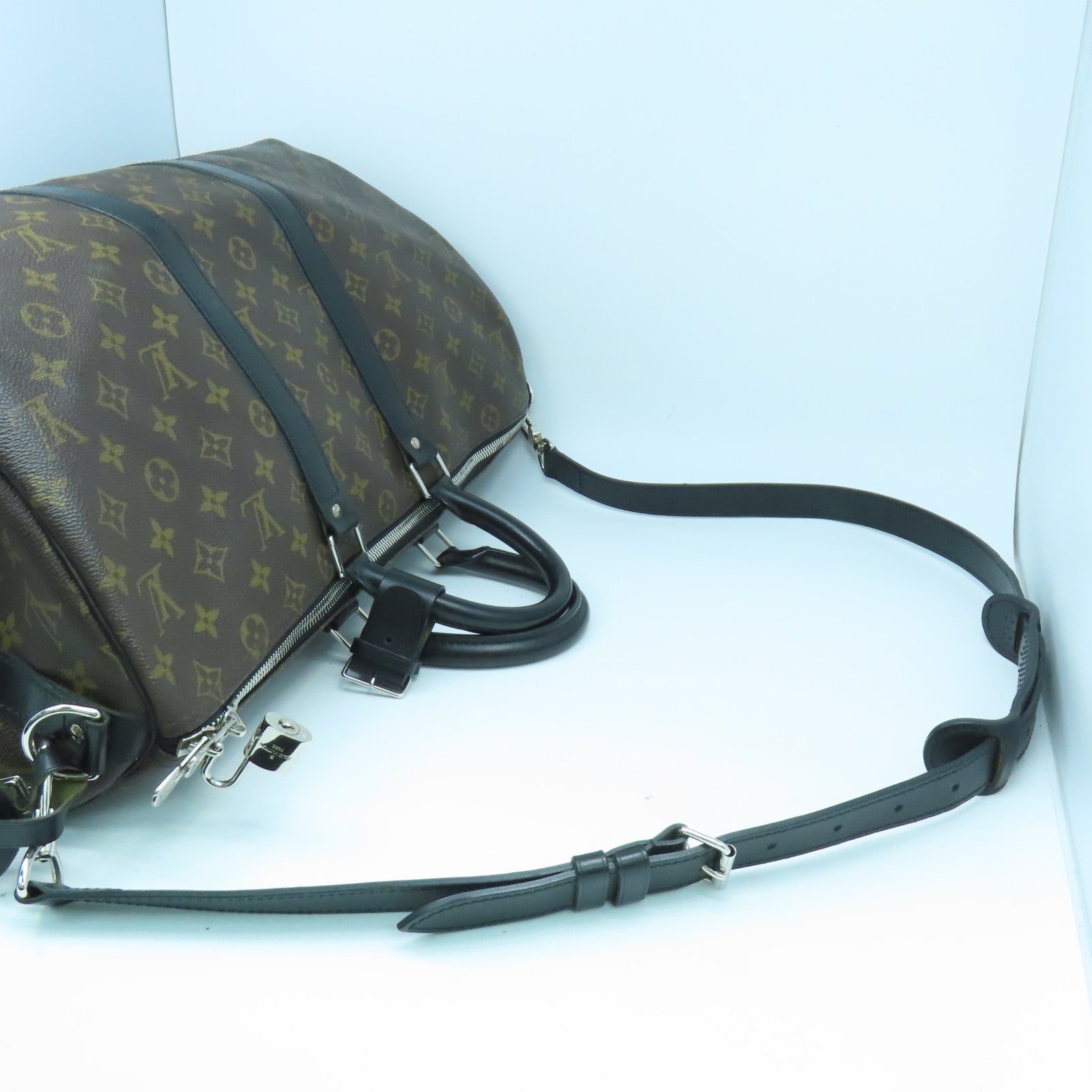 LOUIS VUITTON Monogram Macassar Keepall 45銀扣手挽肩背兩用袋黑色/啡色