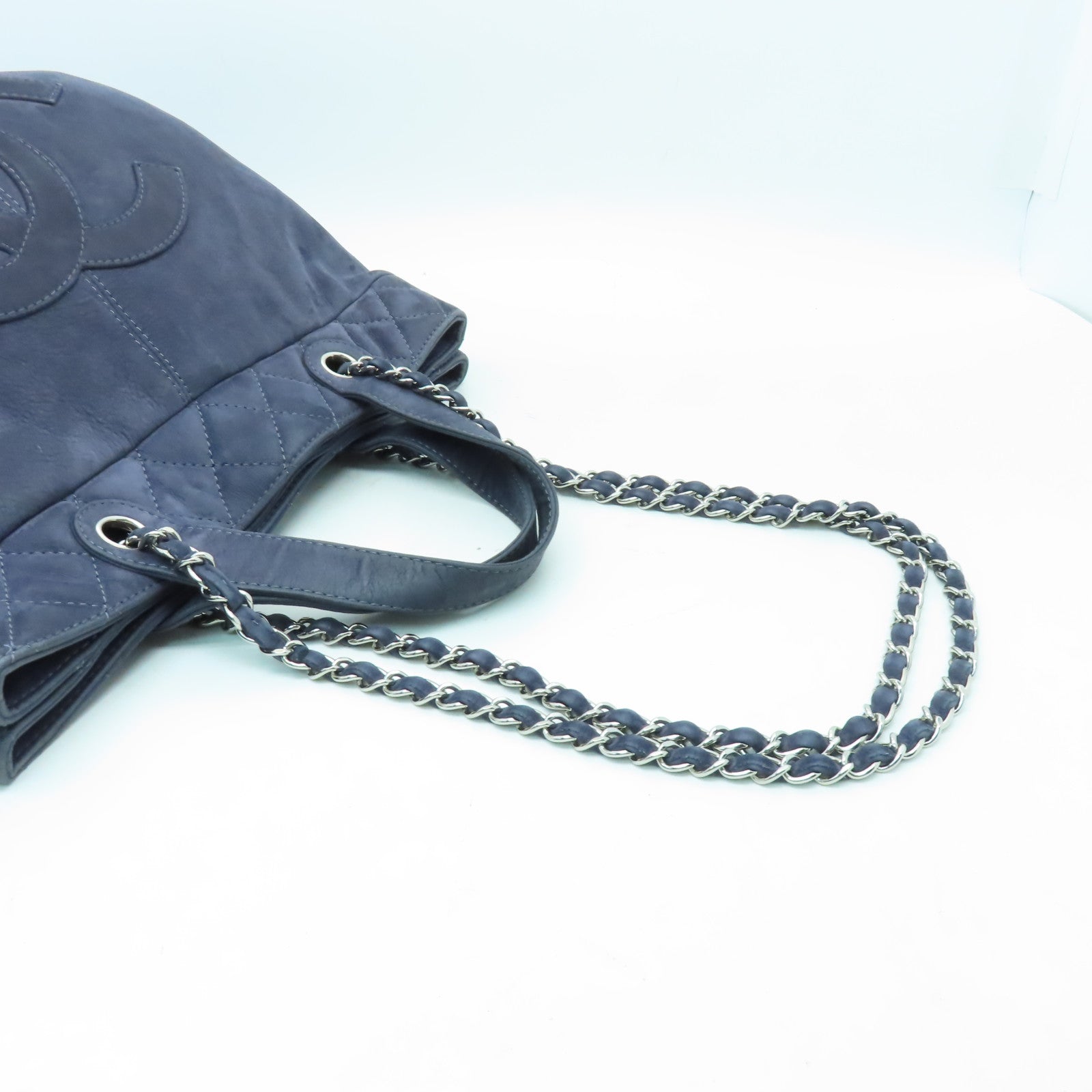 CHANEL 麂皮皮革2 Way Chain Shoulder銀扣手挽肩背兩用袋深藍色