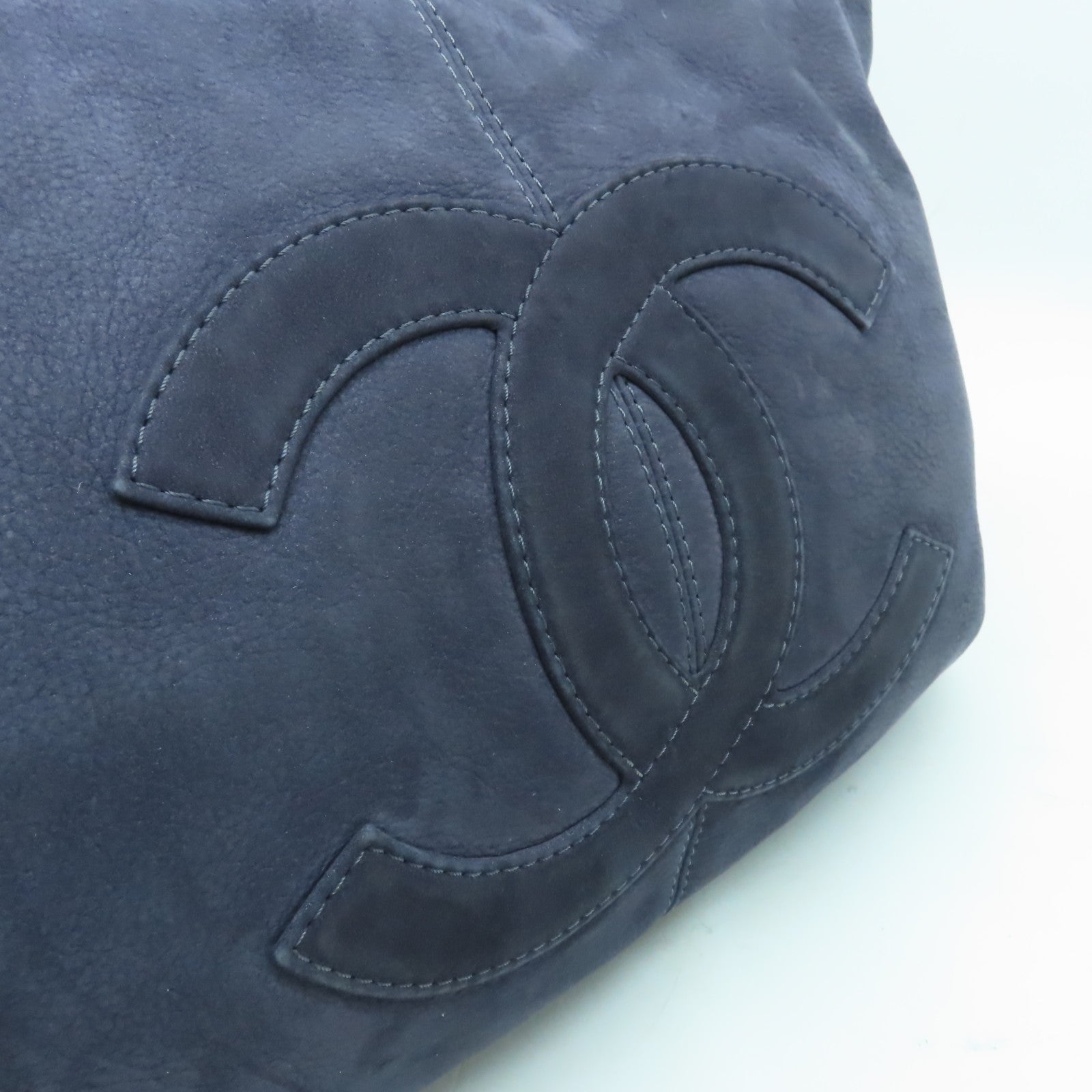CHANEL 麂皮皮革2 Way Chain Shoulder銀扣手挽肩背兩用袋深藍色