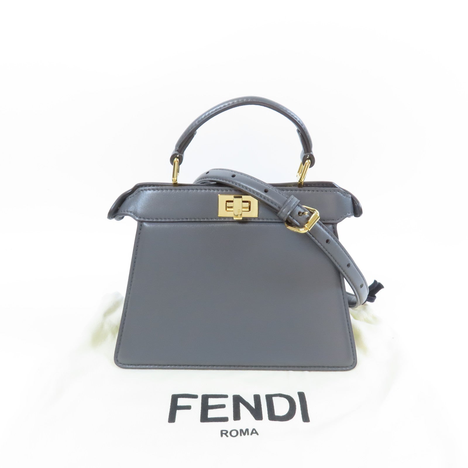 FENDI 牛皮皮革Peekaboo金扣手挽肩背兩用袋灰色