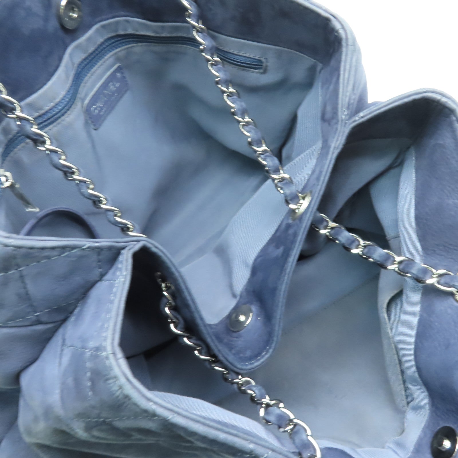 CHANEL 麂皮皮革2 Way Chain Shoulder銀扣手挽肩背兩用袋深藍色