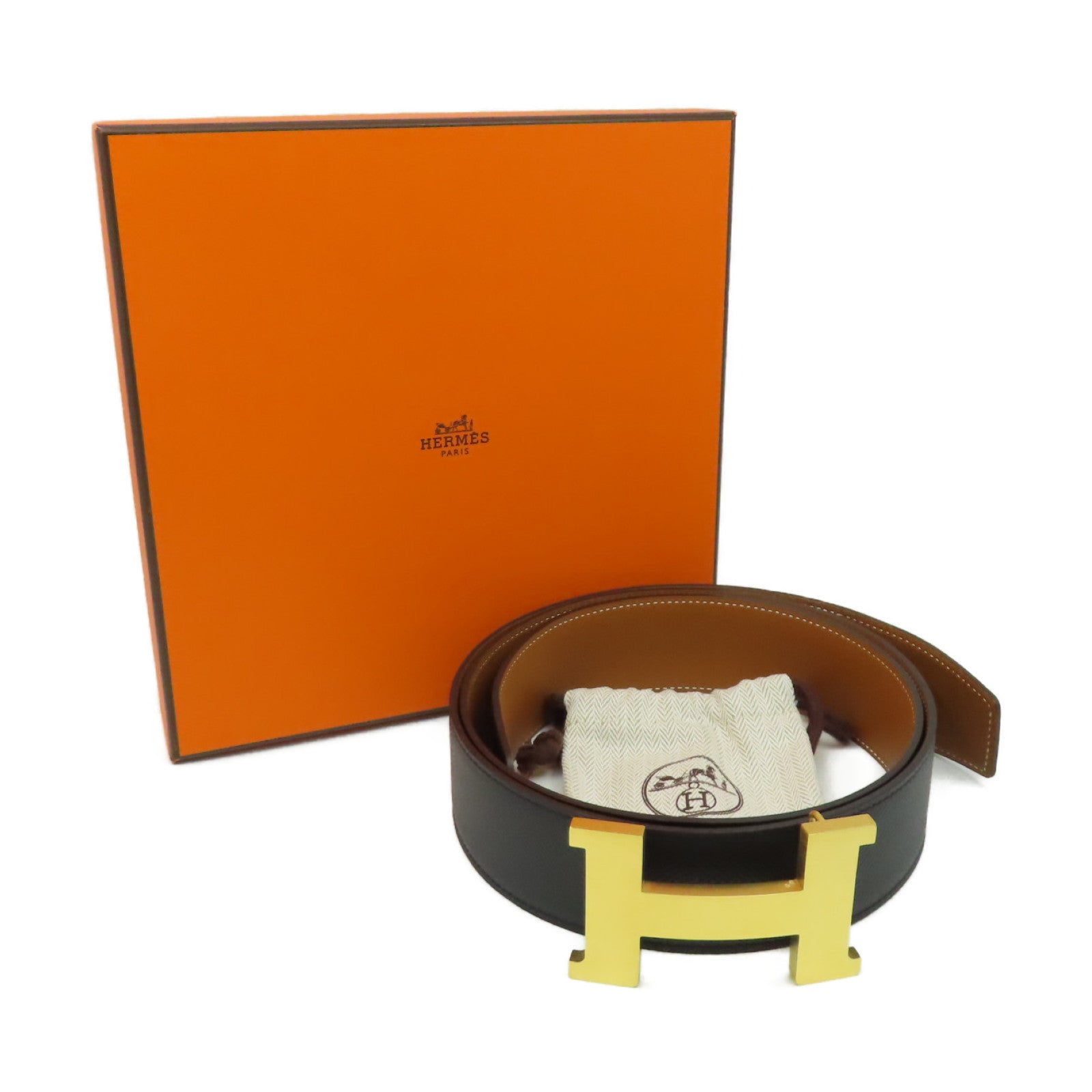 HERMES Epsom皮革Reversible Leather Strap Belt金扣皮帶黑色/棕色