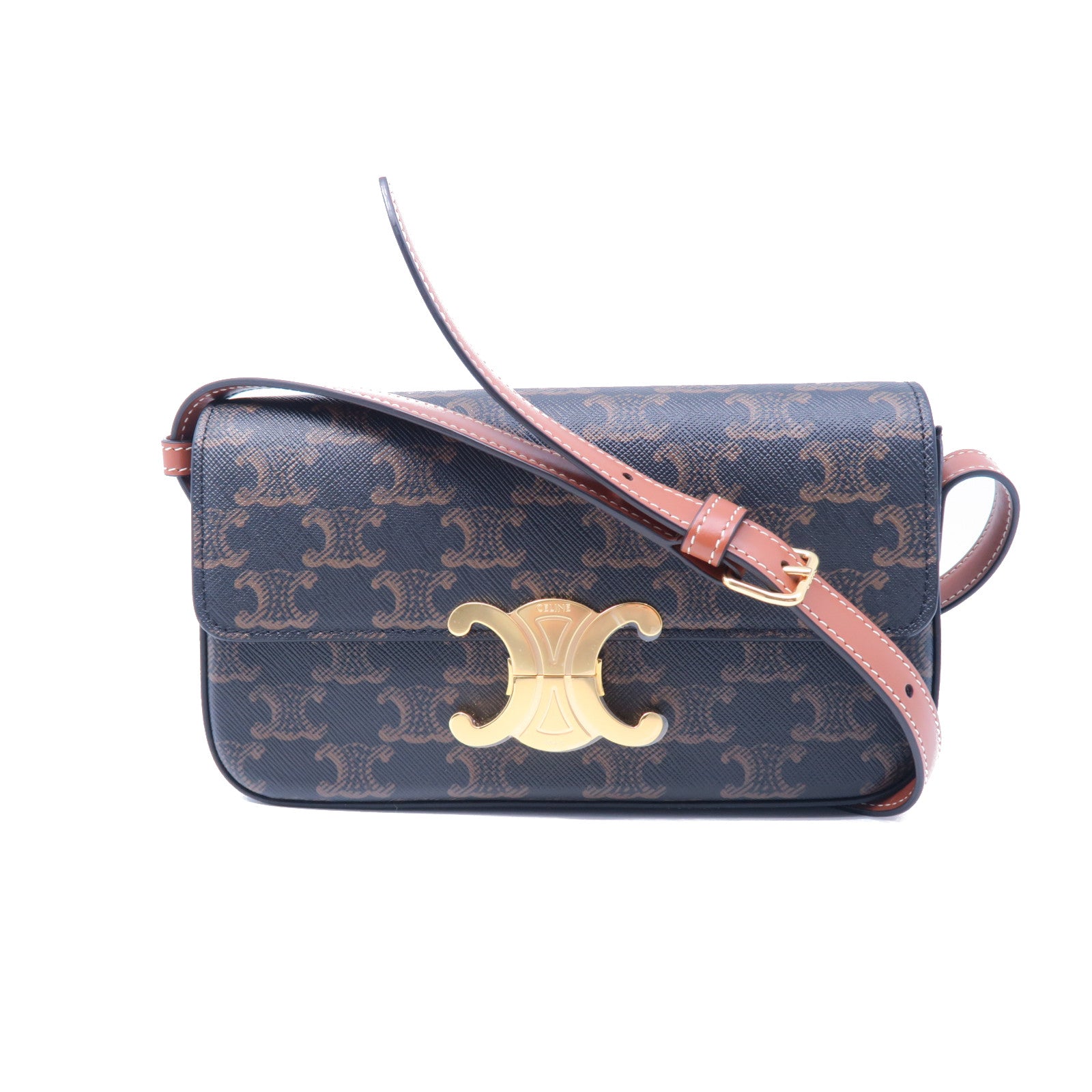 CELINE 涂层帆布Triomphe金扣肩背袋棕色