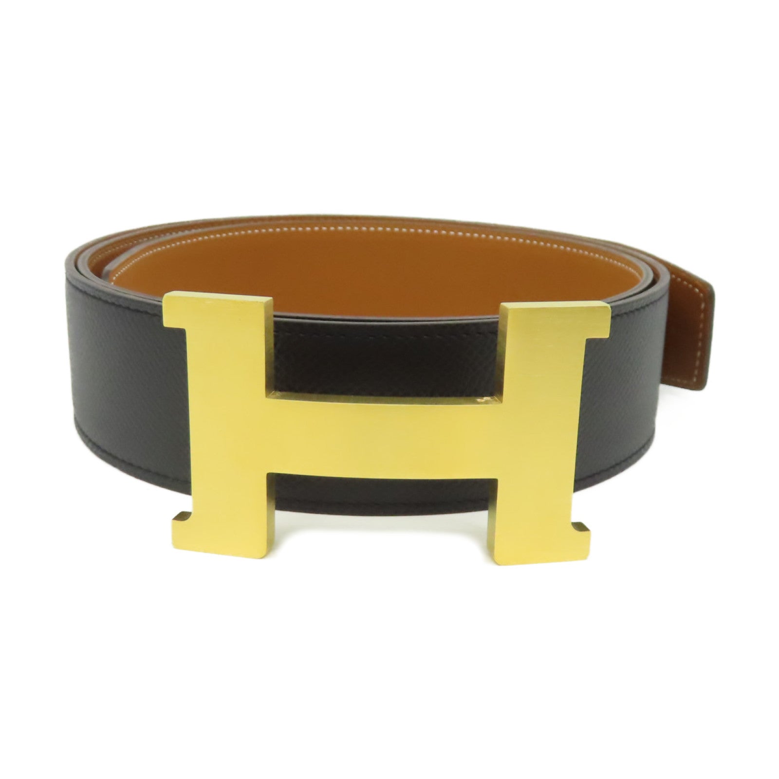 HERMES Epsom皮革Reversible Leather Strap Belt金扣皮帶黑色/棕色