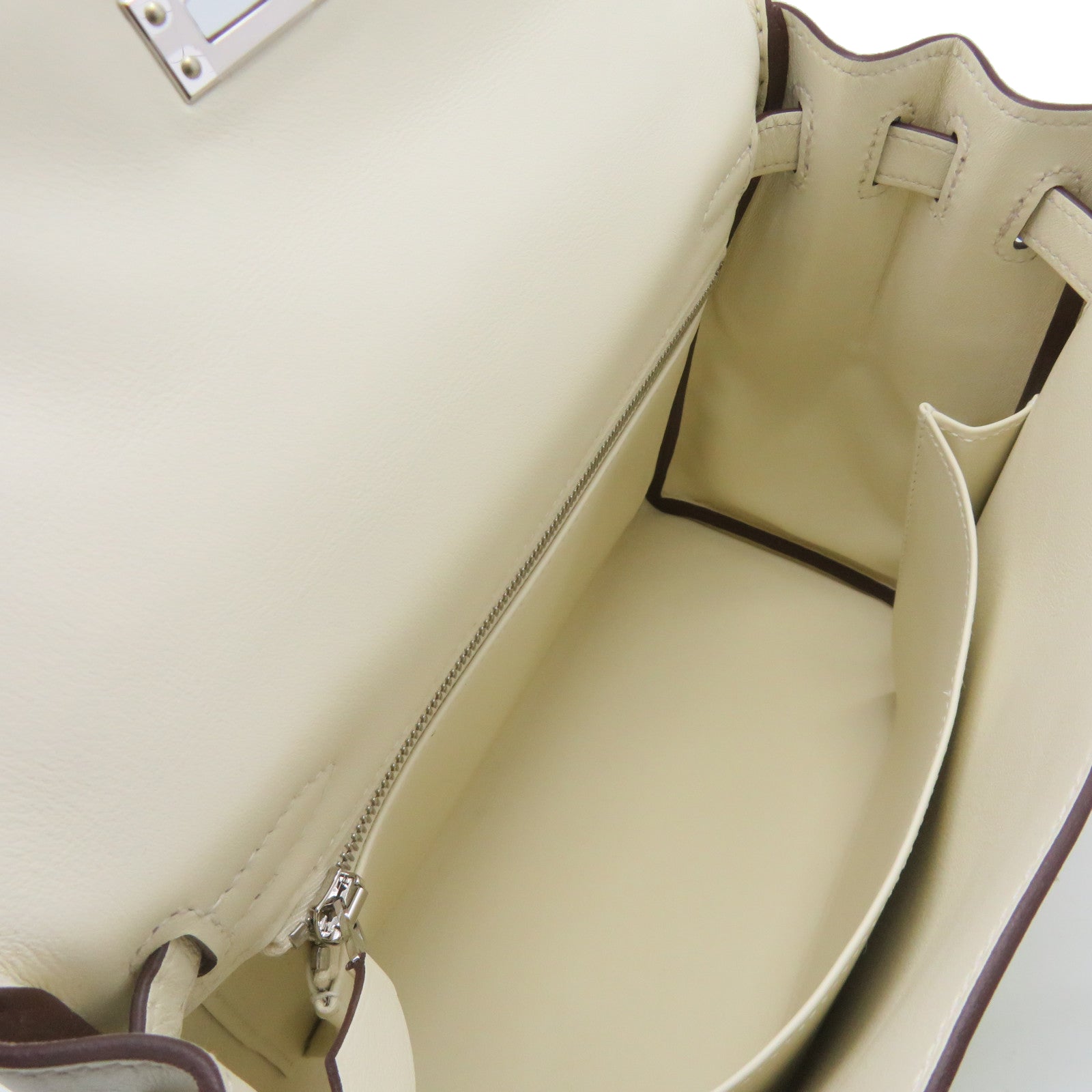 HERMES [Sharp Discount] Swift Leather Silver Buckle Kelly 25 in&amp;out Limited 2Way Shoulder Handle Shoulder Bag Off-White