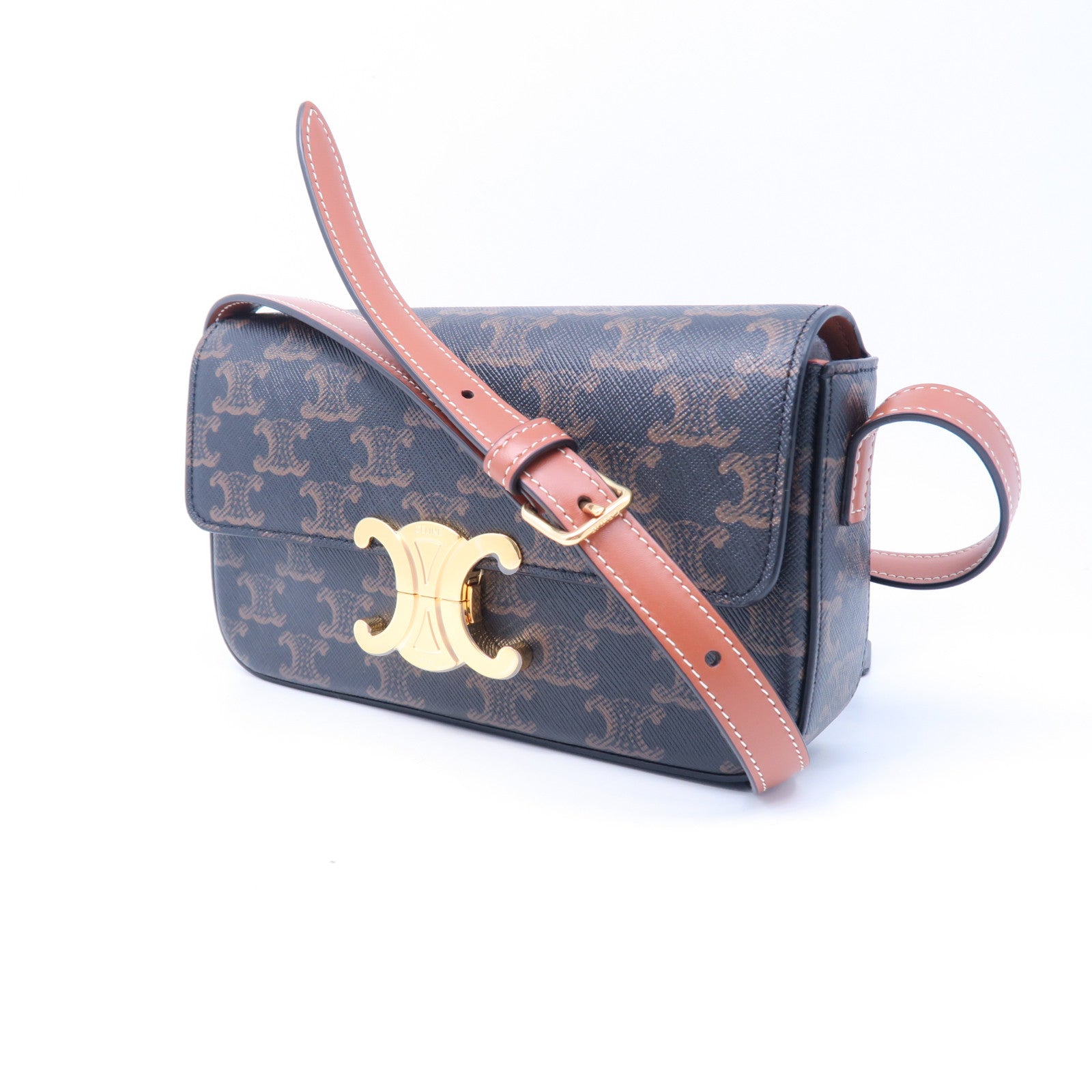 CELINE 涂层帆布Triomphe金扣肩背袋棕色