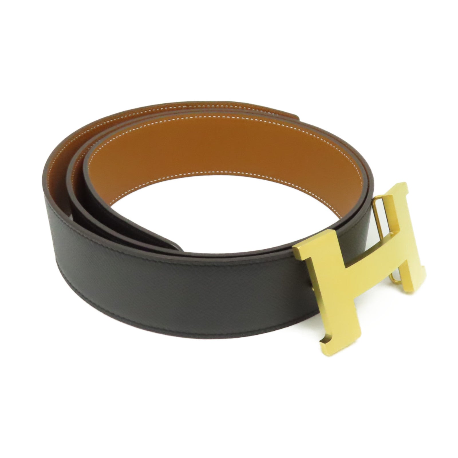 HERMES Epsom皮革Reversible Leather Strap Belt金扣皮帶黑色/棕色