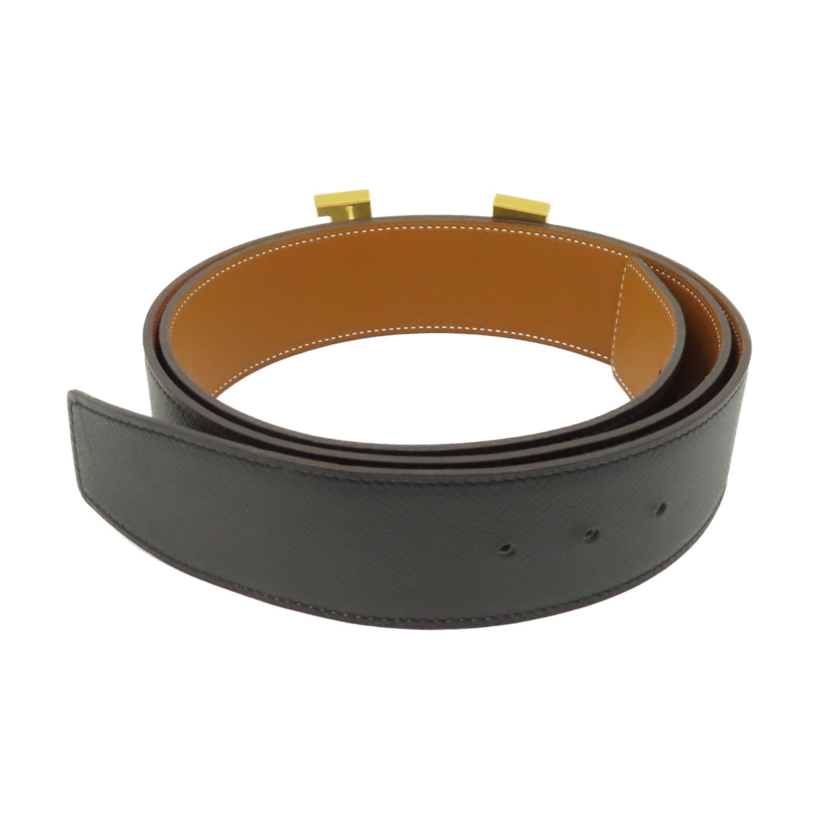 HERMES Epsom皮革Reversible Leather Strap Belt金扣皮帶黑色/棕色