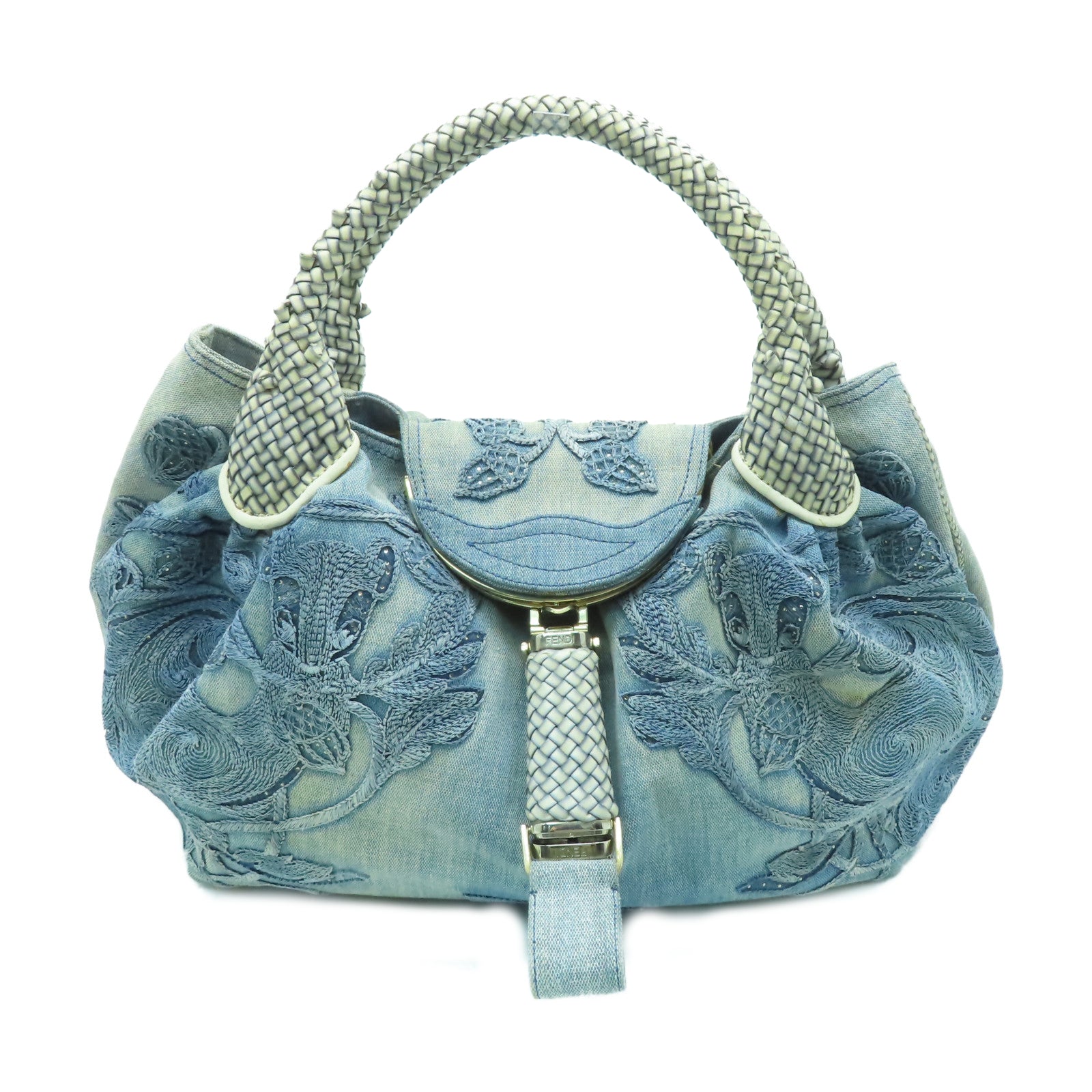 FENDI 牛仔布Spy Bag金扣手挽袋藍色