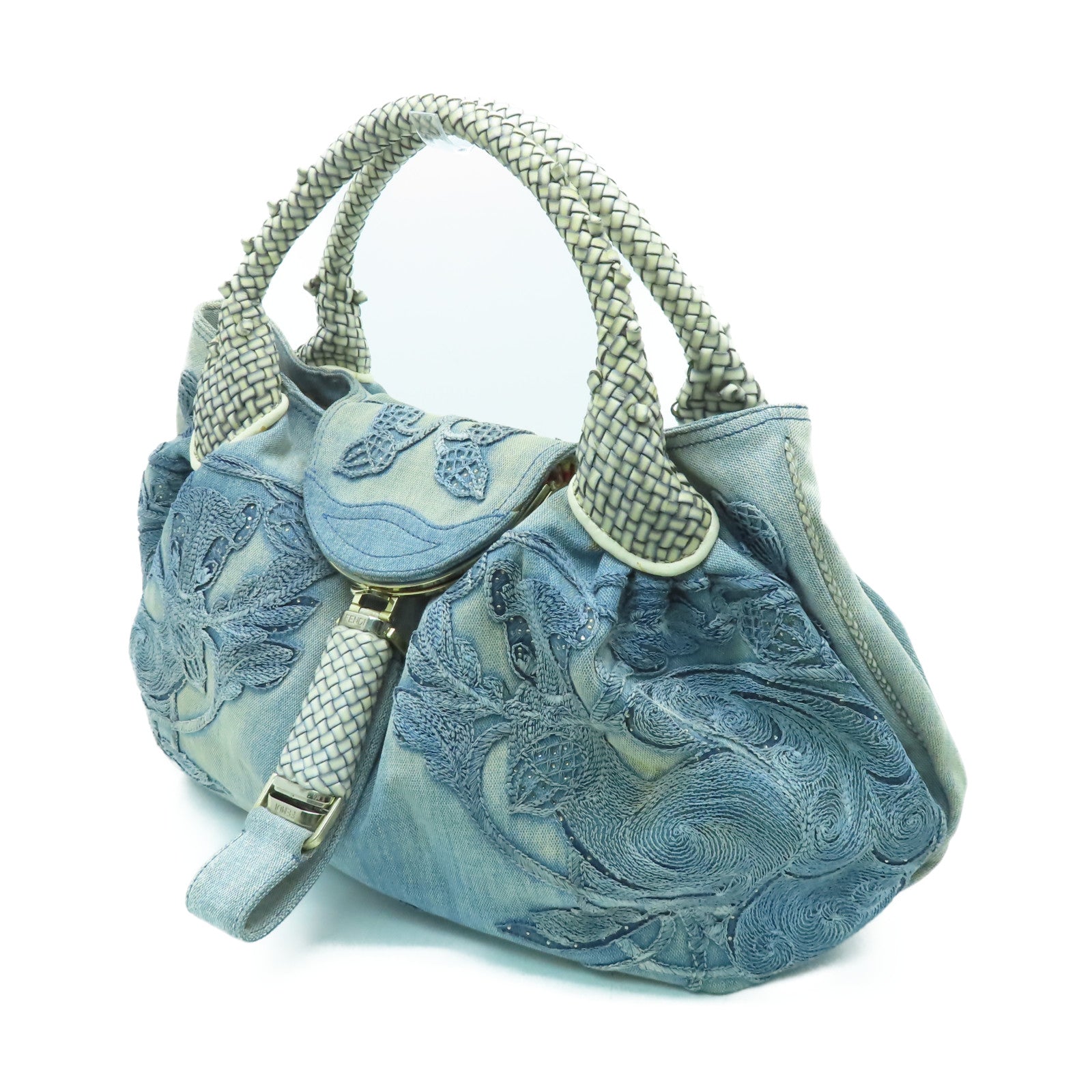 FENDI 牛仔布Spy Bag金扣手挽袋藍色