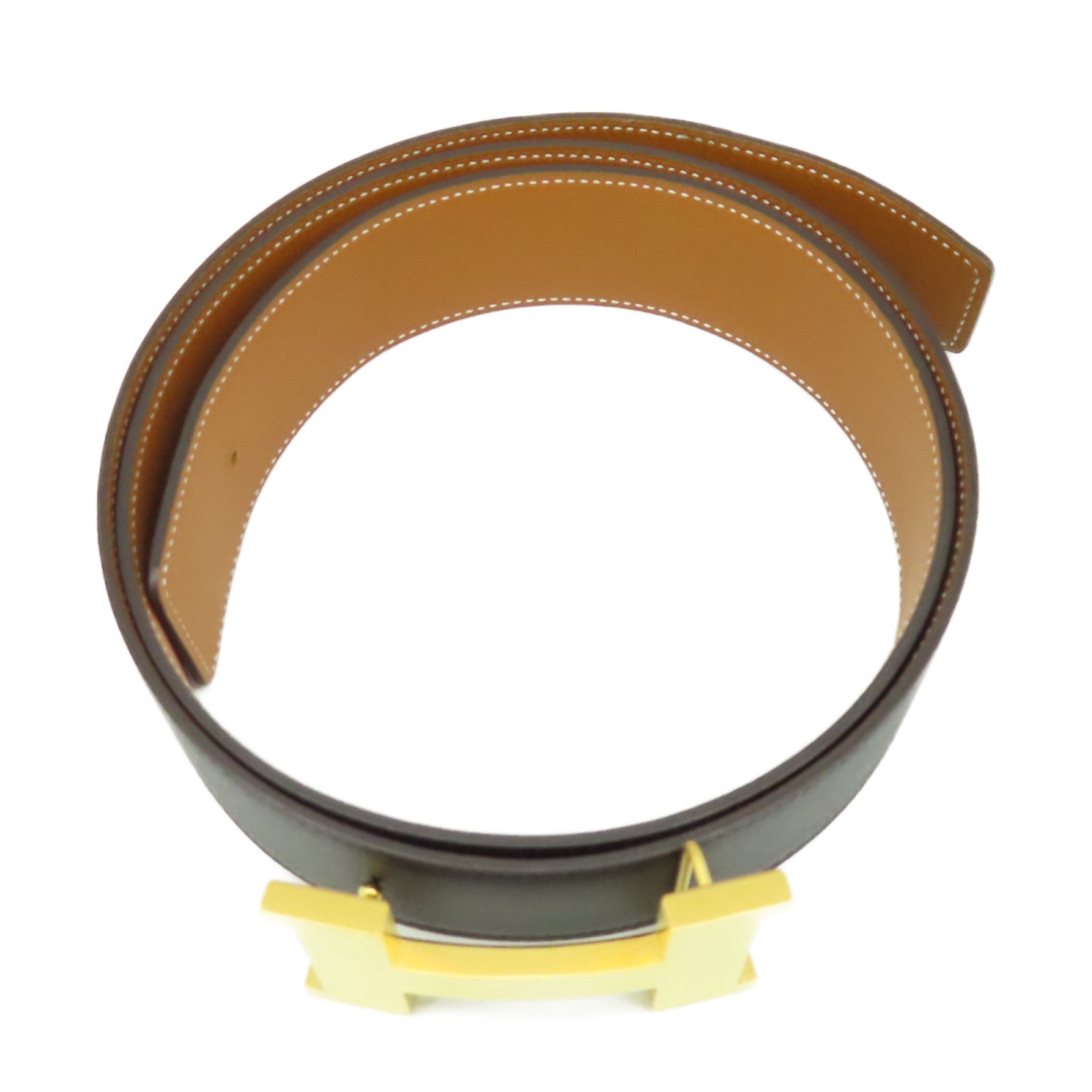 HERMES Epsom皮革Reversible Leather Strap Belt金扣皮帶黑色/棕色