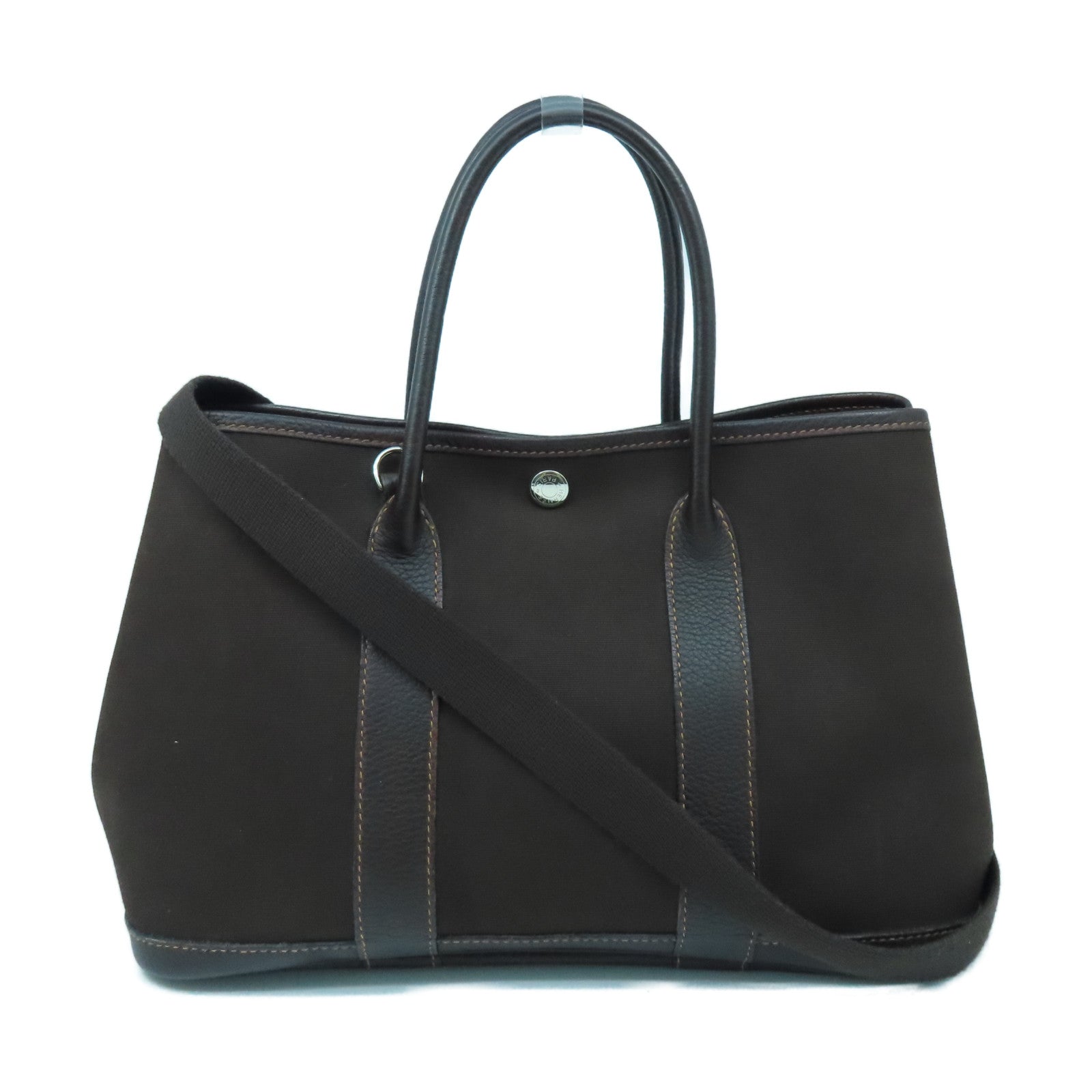 HERMES 帆布Garden Pocket TPM銀扣手挽肩背兩用袋巧克力色