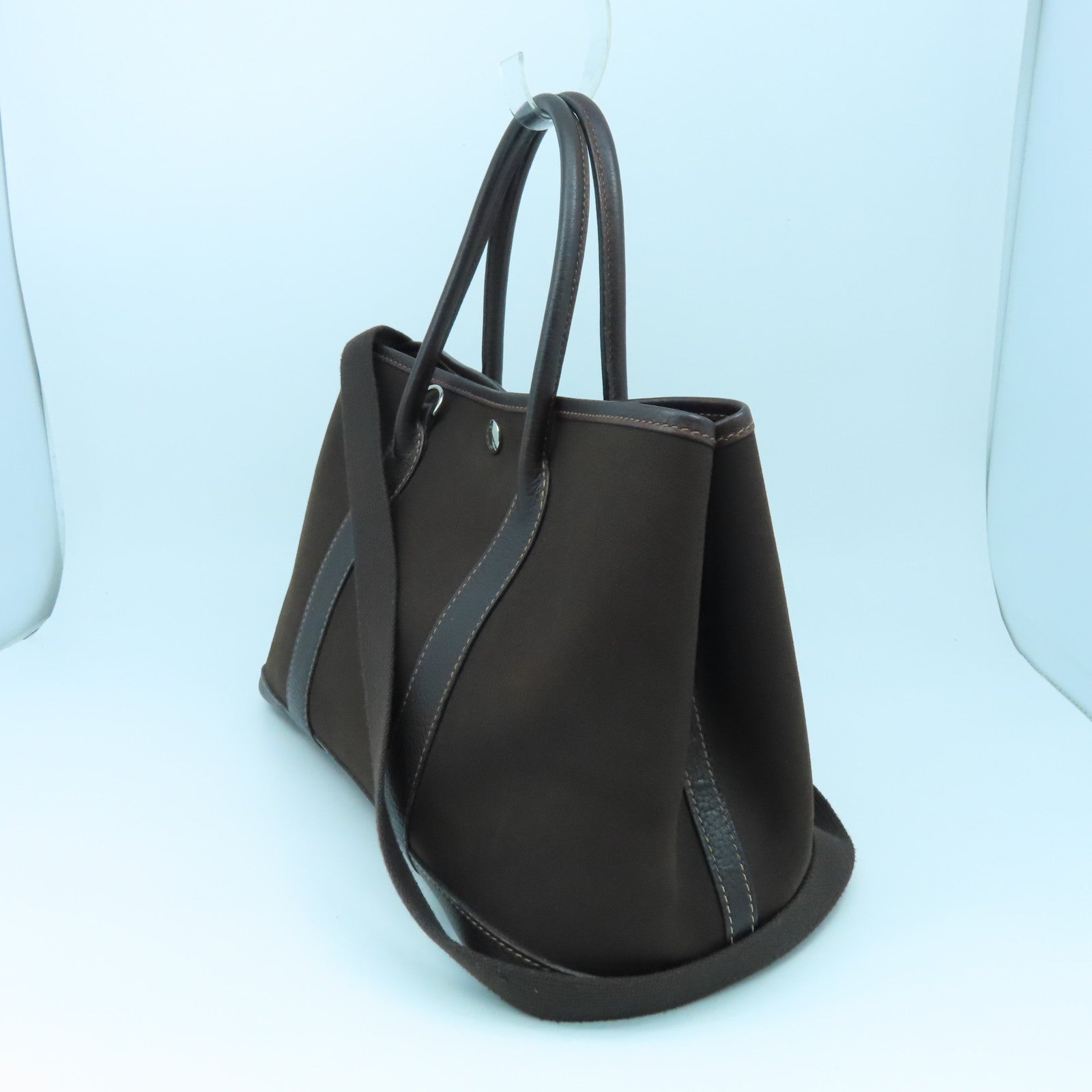 HERMES 帆布Garden Pocket TPM銀扣手挽肩背兩用袋巧克力色