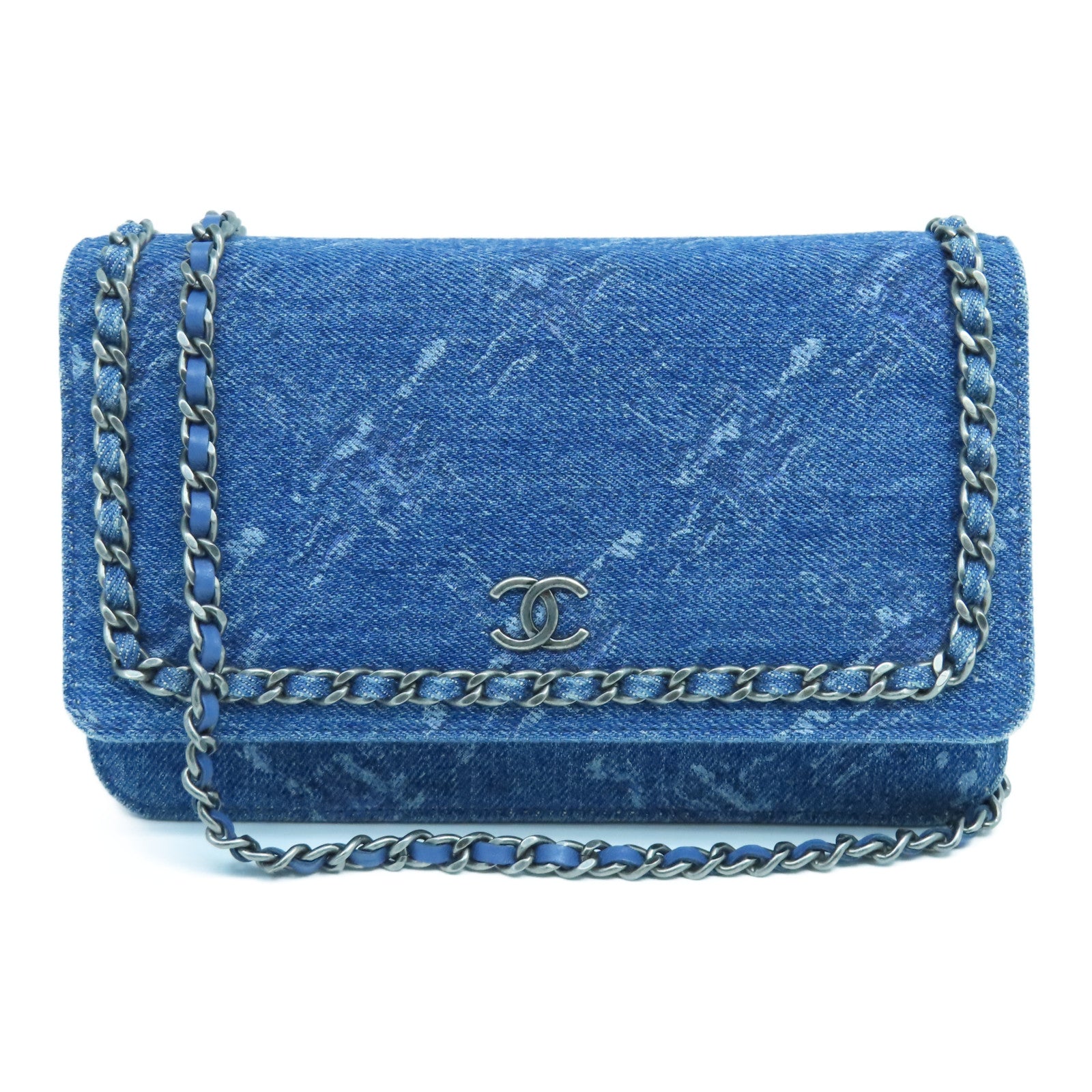 CHANEL 牛仔布Wallet On Chain銀扣鏈帶肩背袋藍色